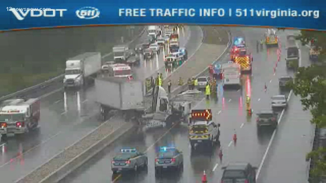 Tractor trailer jumps median, backs up traffic near Lee Hall on I64