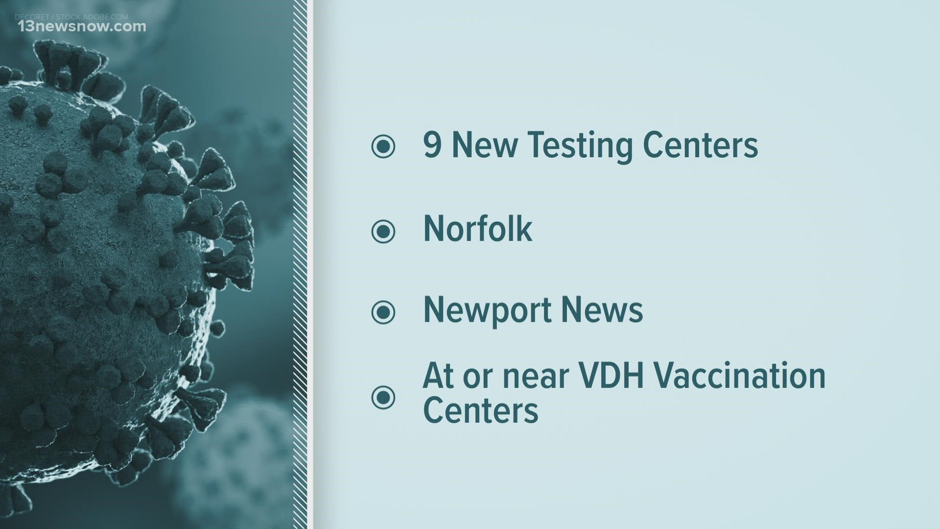 Virginia Gov. Ralph Northam announced the state will be getting nine new COVID-19 testing centers, thanks to a $5 million grant.