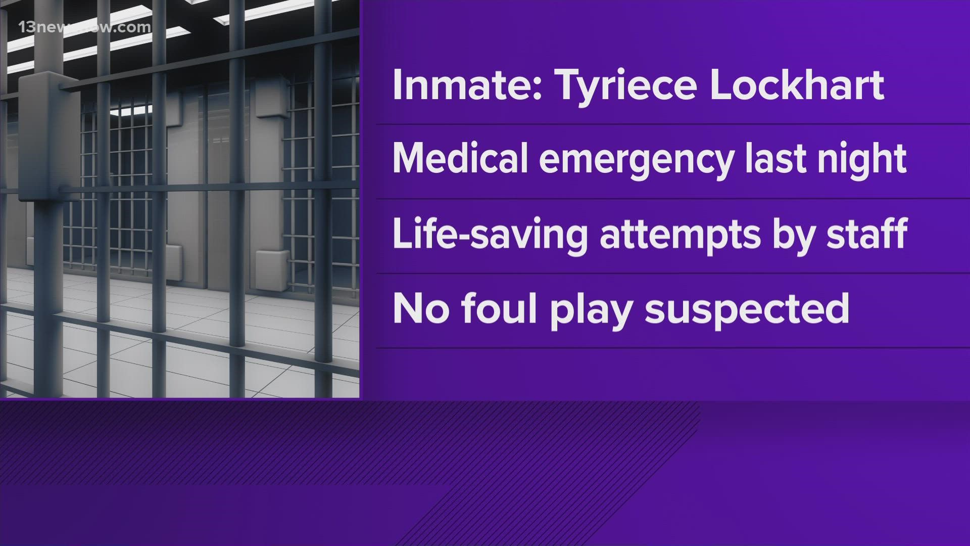 A man died in a medical emergency while being held at the Western Tidewater Regional Jail in Suffolk Sunday night.