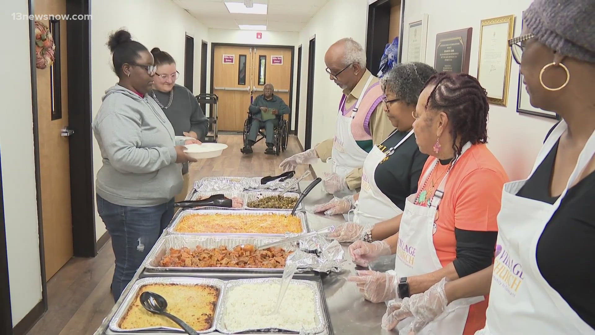 The church provided free hot meals that people could eat at the church or take to go.