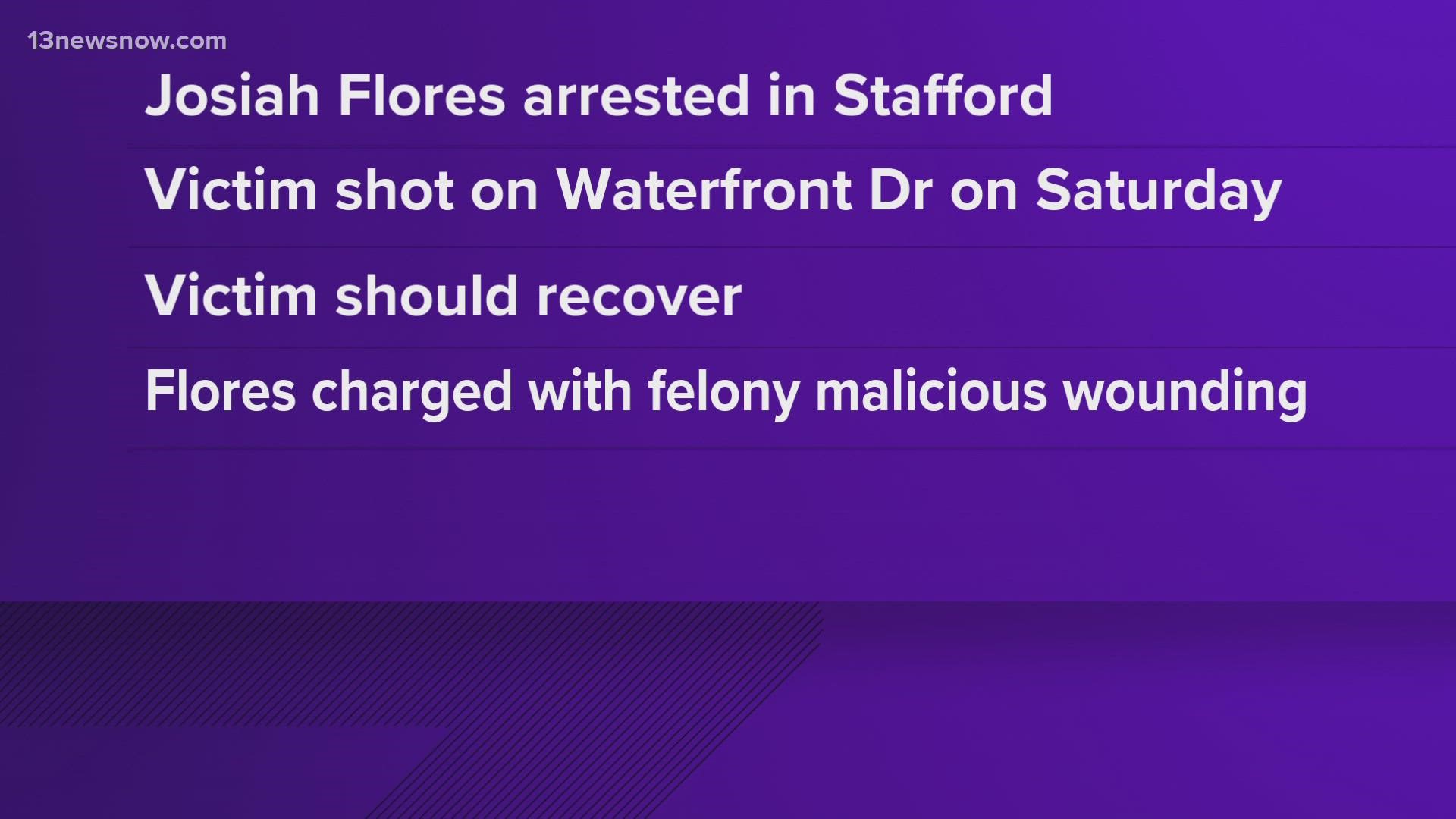 Authorities in Stafford arrested Josiah Tanoah Flores for a shooting that left one person hurt off Waterfront Drive on Dec. 17.