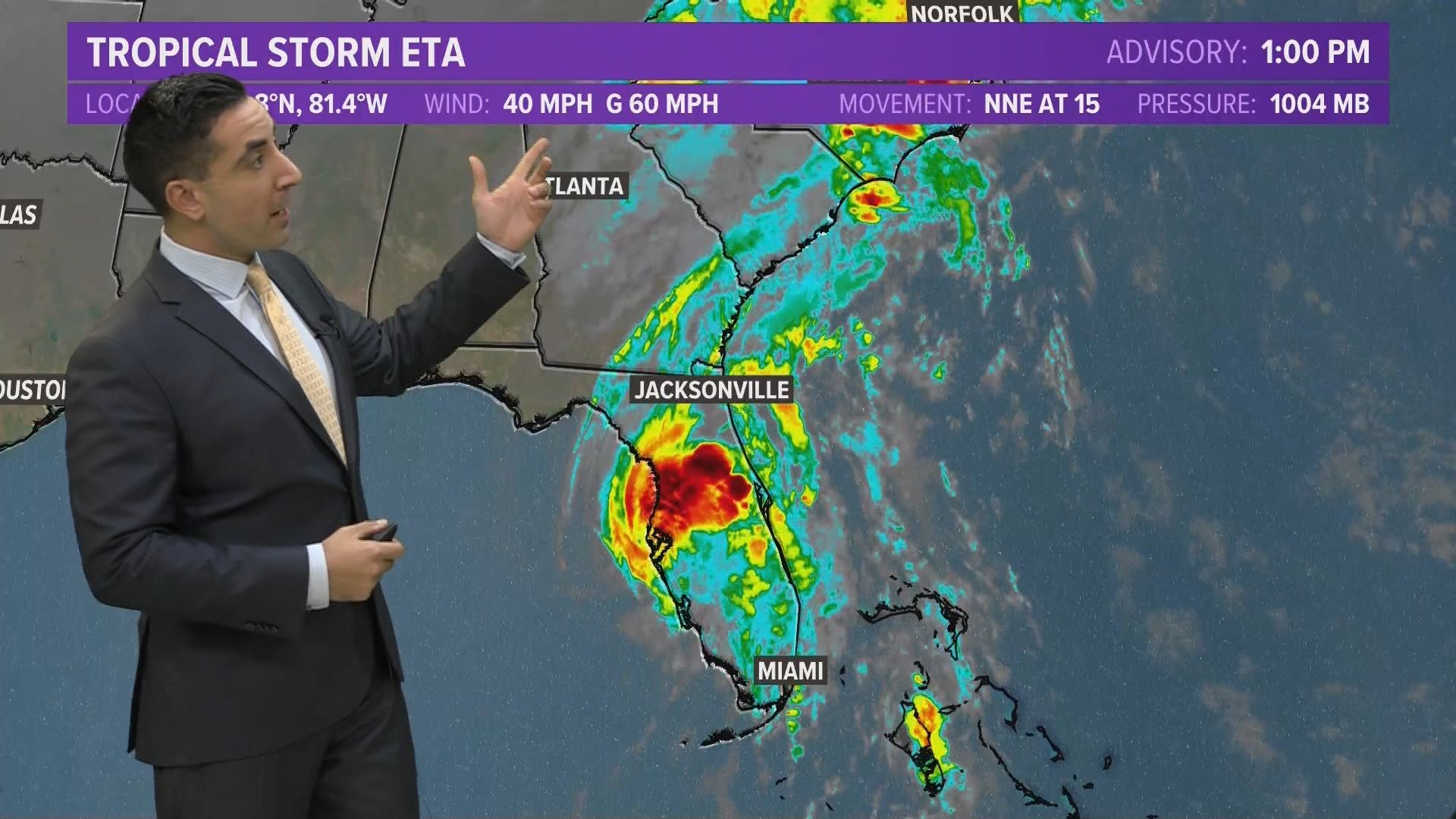 13News Now Meteorologist Tim Pandajis has the latest on Tropical Storm Eta as it moves away from Florida and back out to sea.