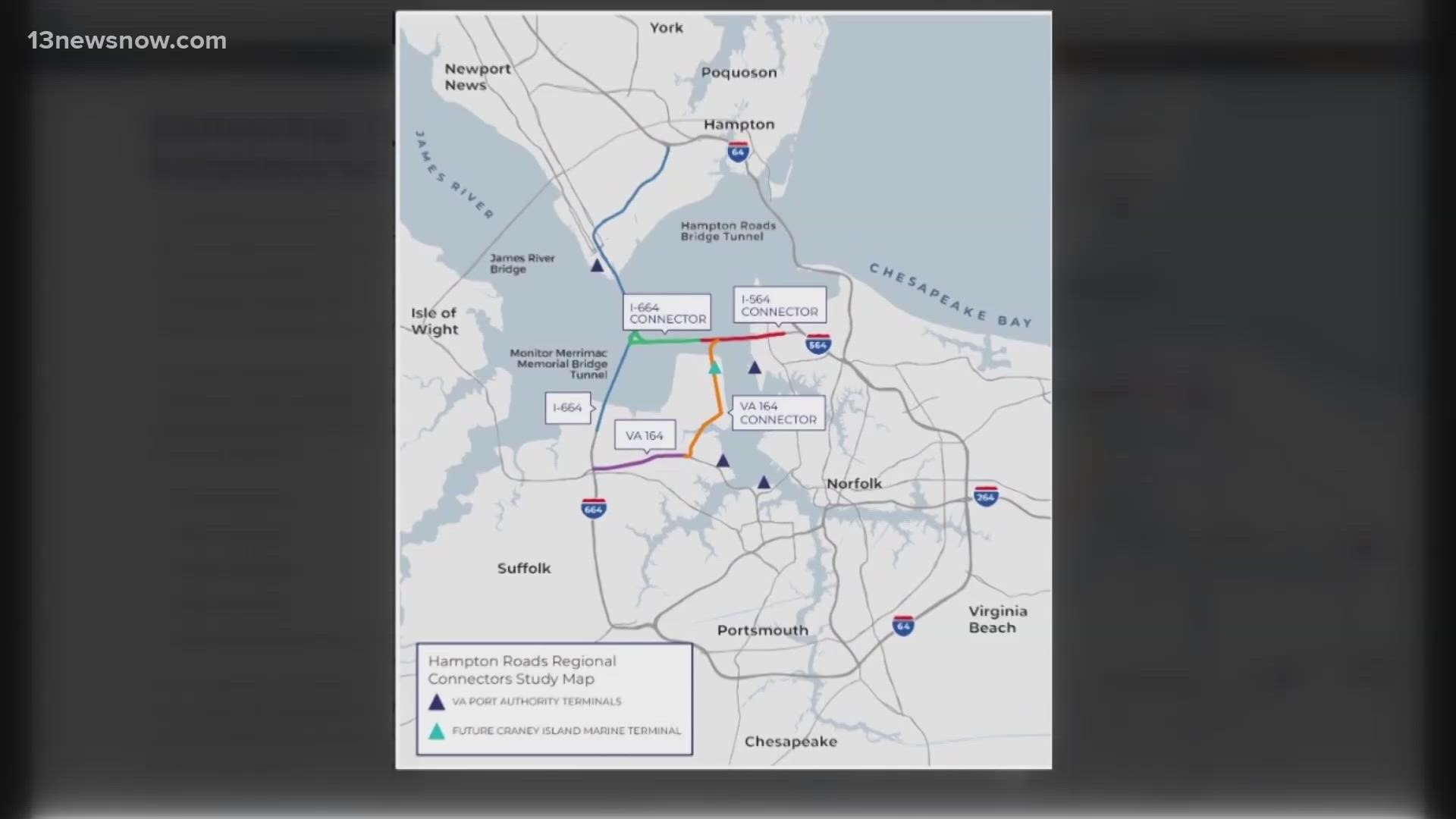 The Hampton Roads Regional Connector study proposes several options to reduce congestion for the HRBT, MMMBT.