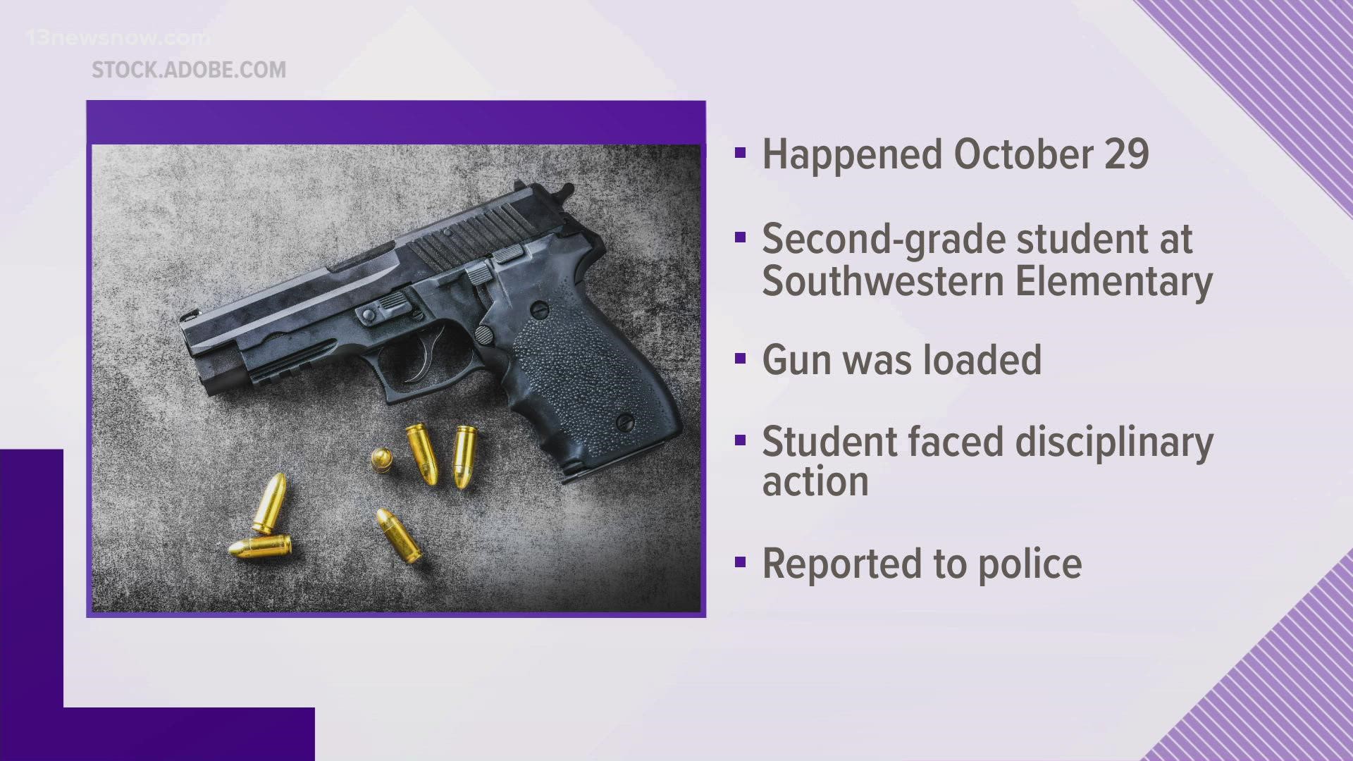 The Chesapeake Police Department has been notified after a second-grader brought a loaded gun to Southwestern Elementary School.