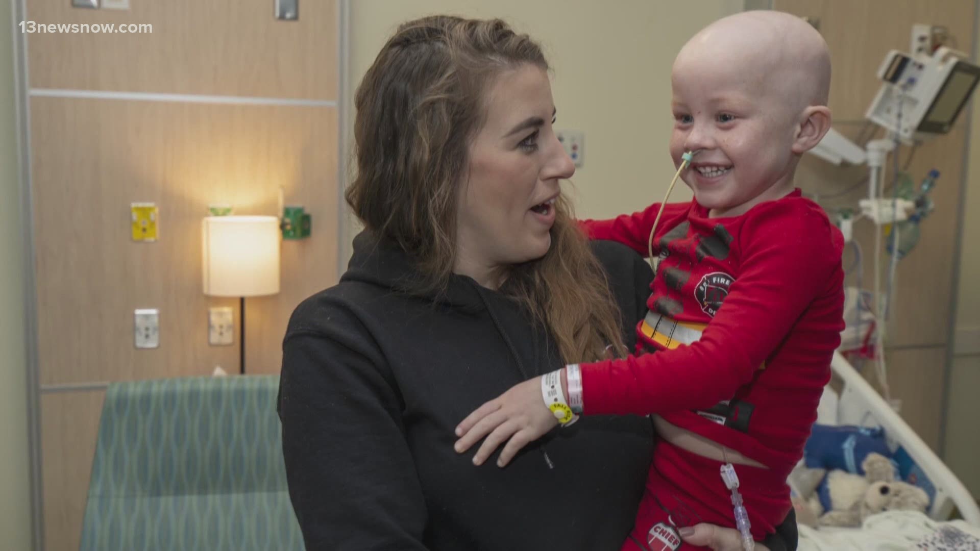 Nolan Turner, 4, got a surprise from his dad's colleagues at the Portsmouth and Norfolk fire departments. He's now out of the hospital, cancer-free.