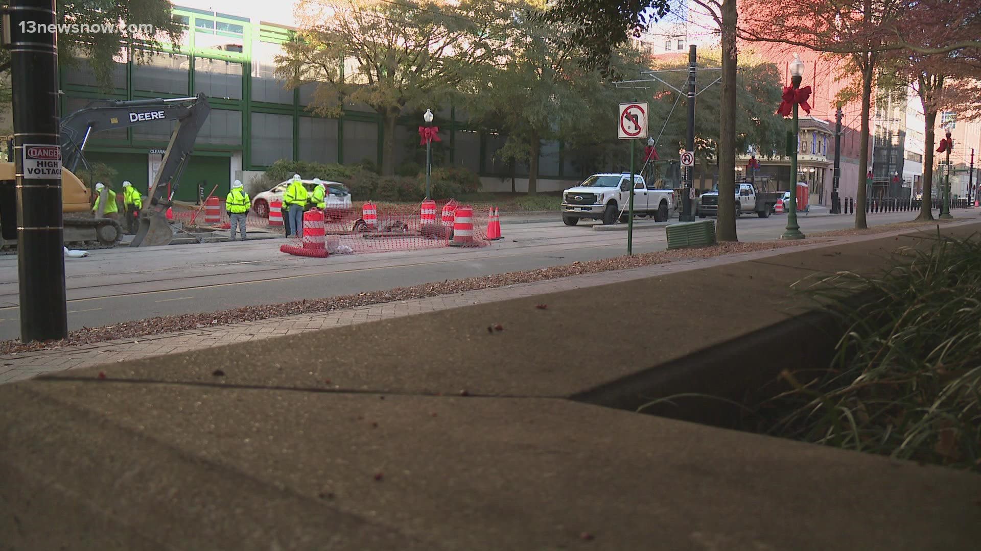 Two weeks after a water main break flooded parts of Monticello Avenue, the city blocked off the southbound lane from Freemason Street to City Hall Avenue.