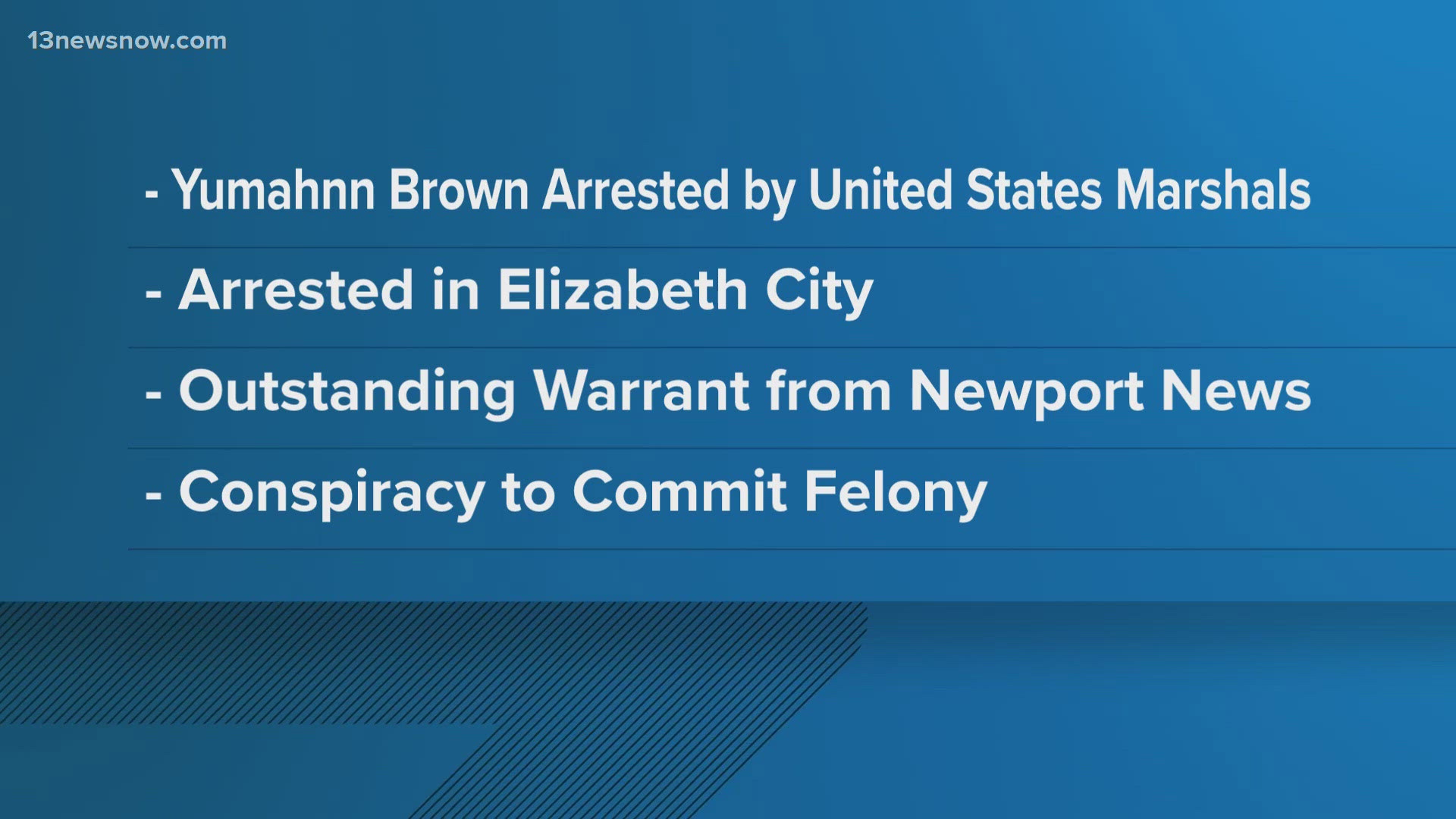 Yumahnn Brown was arrested yesterday by the United States Marshals Task Force.