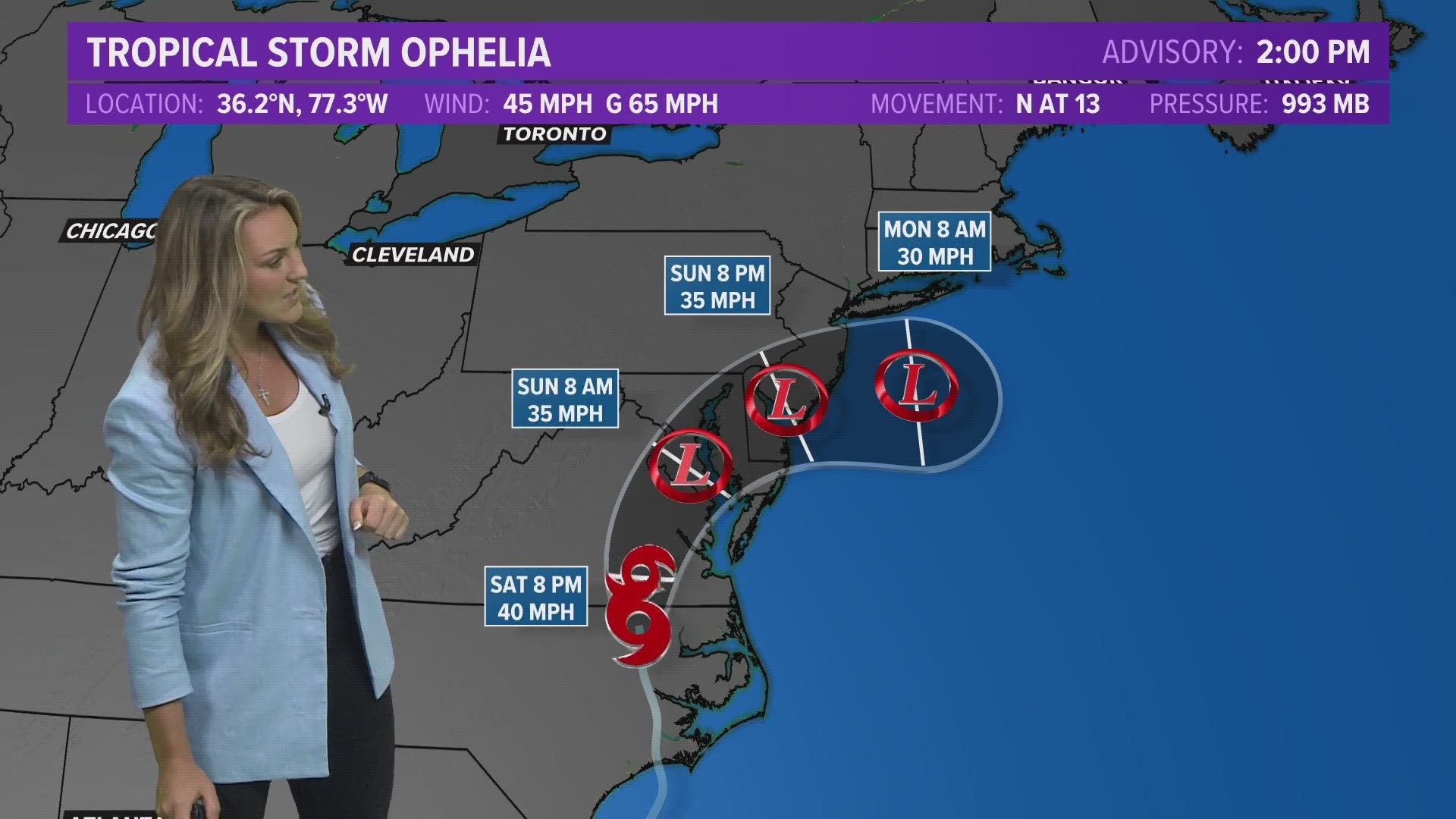 As of 2 p.m., tropical storm conditions are continuing along the coast and further inland as Ophelia moves north over eastern North Carolina.