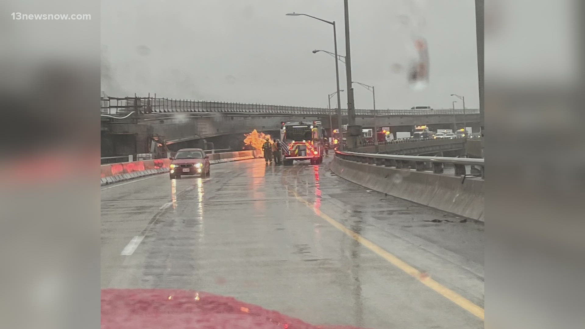 On I-64 at the HBRT, Norfolk Fire Rescue sent us these pictures of a car on fire on the Hampton side.