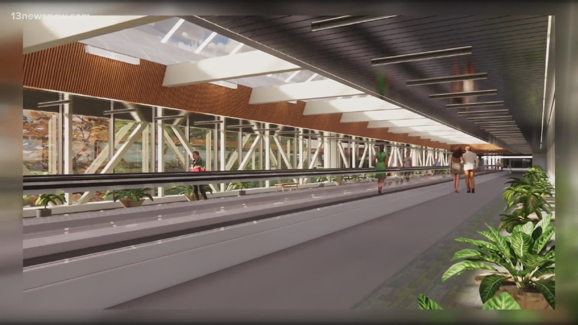 The airport received more than $5 million in federal funds to support a moving sidewalk on the pedestrian bridge.