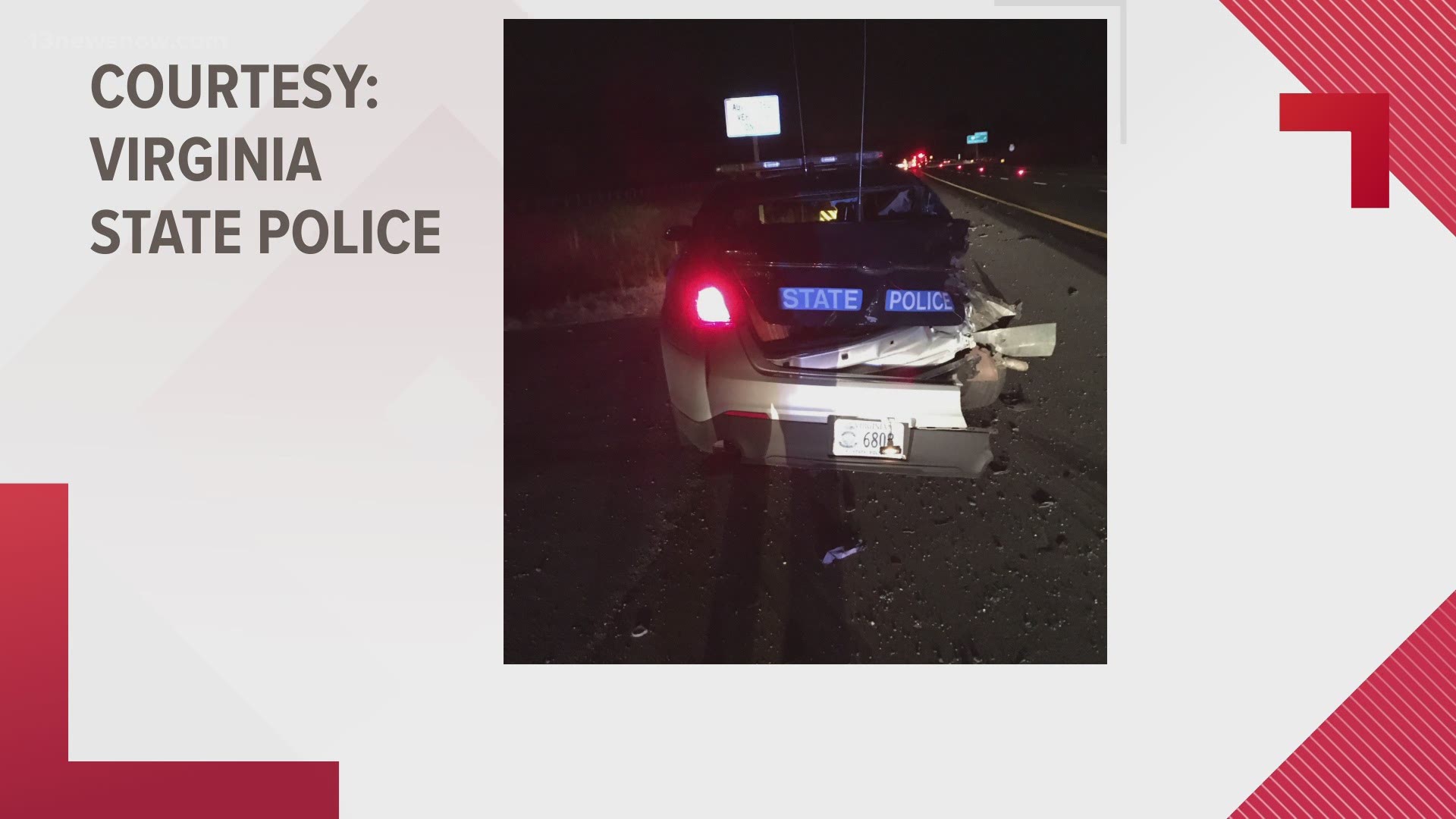 The state trooper was hit from behind around 3 a.m. March 12, 2021, on Interstate 64 east near the border of York County and Newport News.