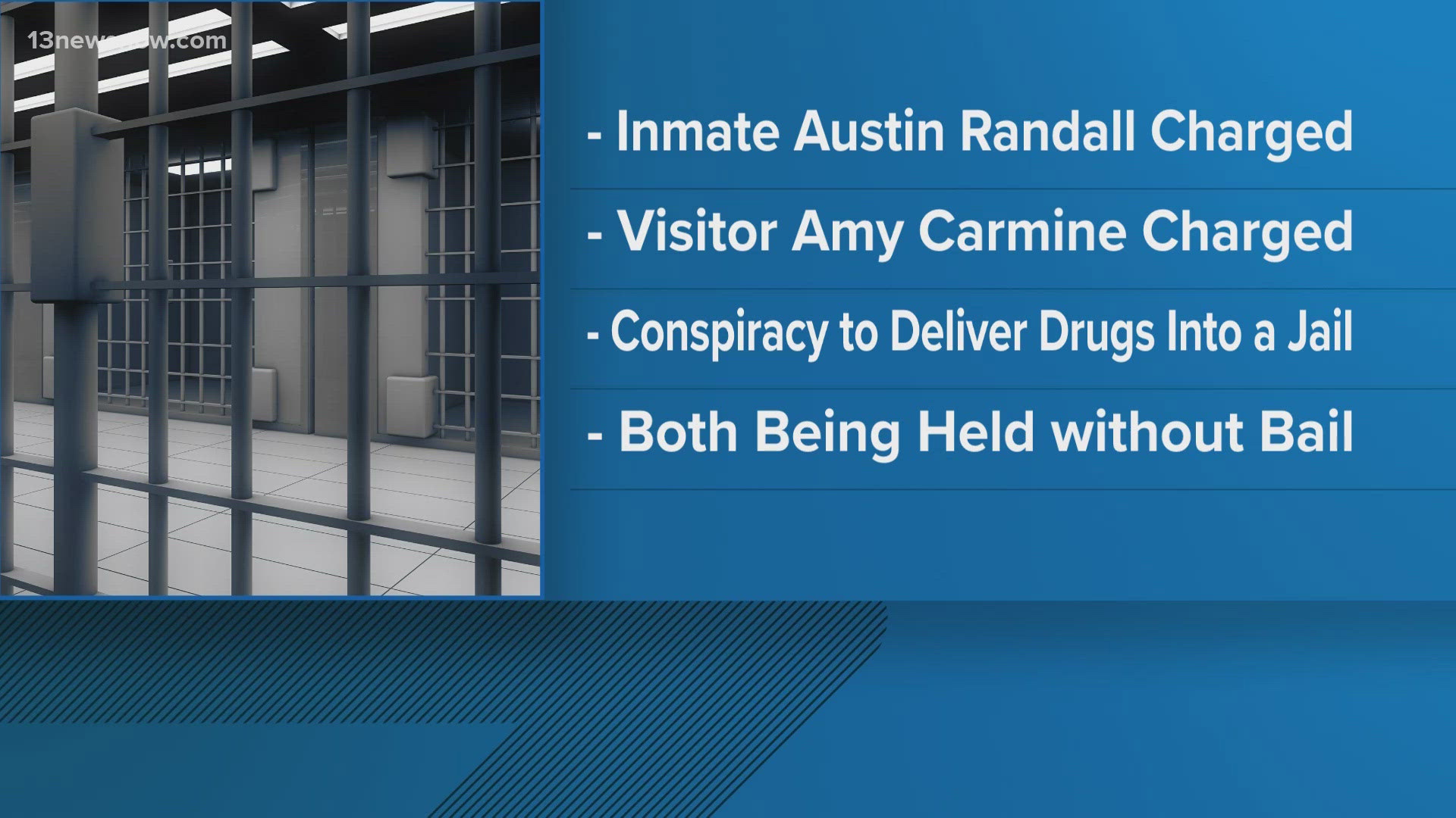 Jail officials said inmate Austin Lee Randall and visitor Amy Michelle Carmine were caught in a conspiracy to deliver drugs into the jail.