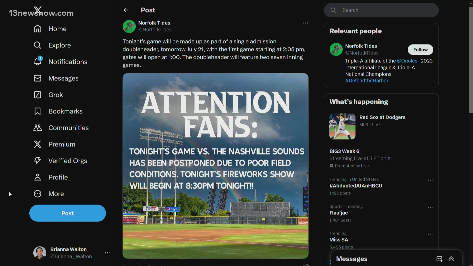 According to a post from X, tonight's game against the Nashville Sounds was postponed because of poor field conditions.