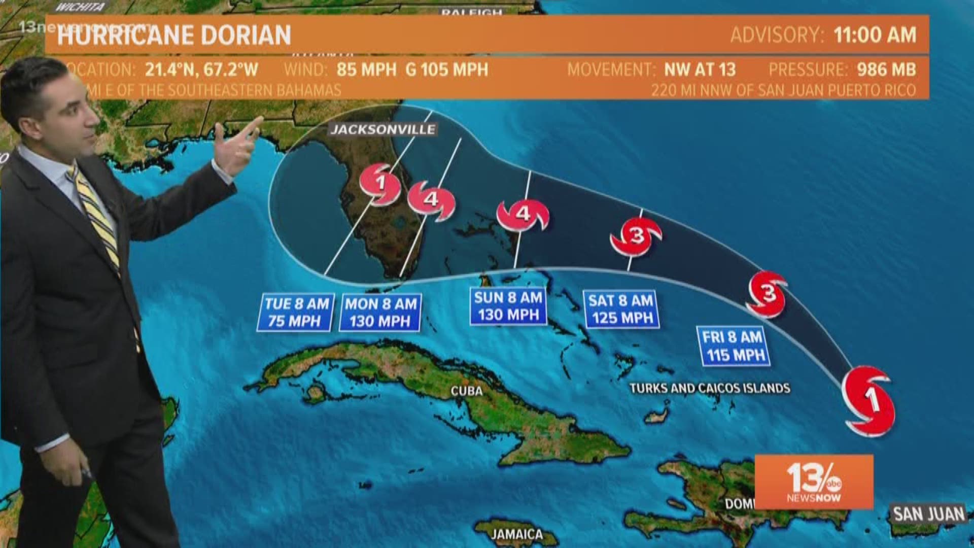 The latest forecast from the National Hurricane Center has Hurricane Dorian strengthening to a Category 4 storm with max winds of 130 mph before landfall. The entire east coast of Florida and some Bahamian islands should be preparing now. As the forecast cone goes into early next week, the uncertainty increases so anyone in the cone should be on alert.