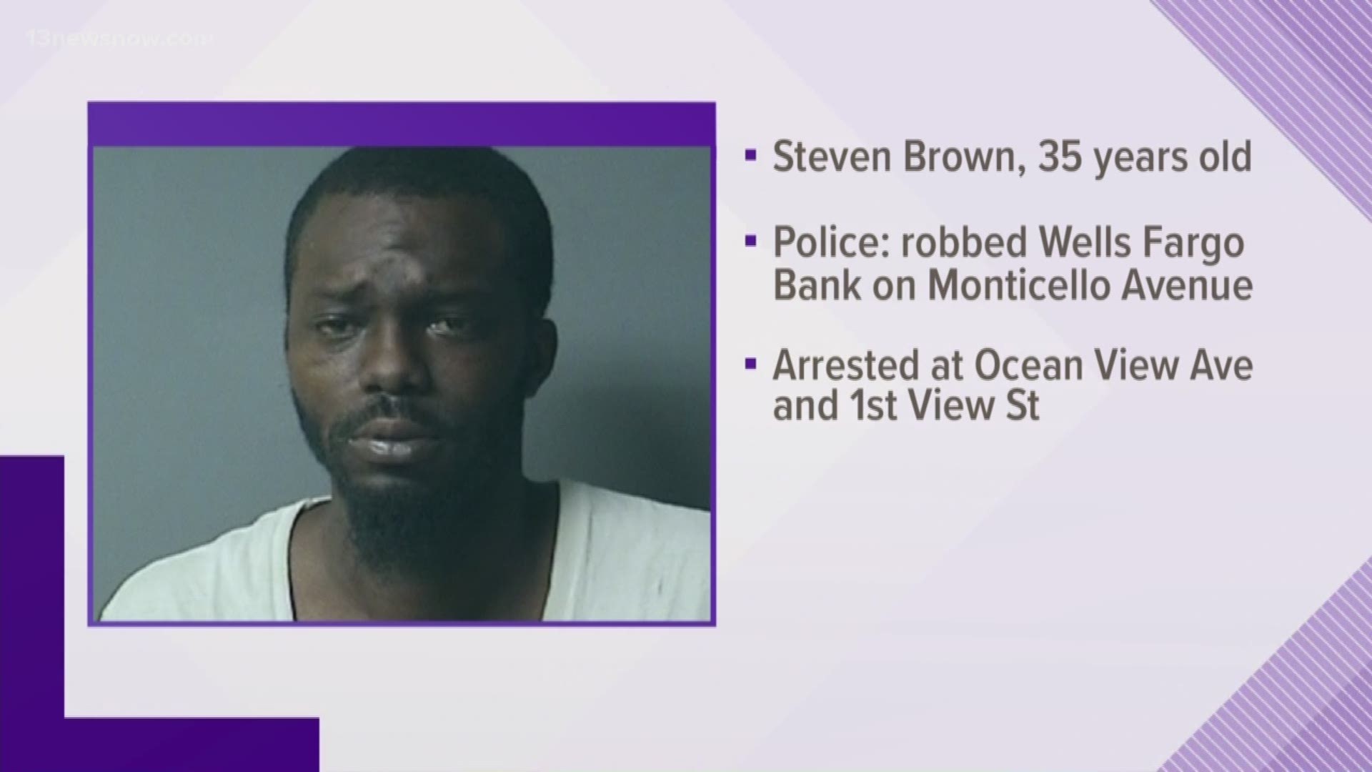 Steven Brown, 35, was arrested for the robbery of the Wells Fargo Bank on Monticello Avenue. He was arrested Monday at Ocean View Avenue and 1st View Avenue.