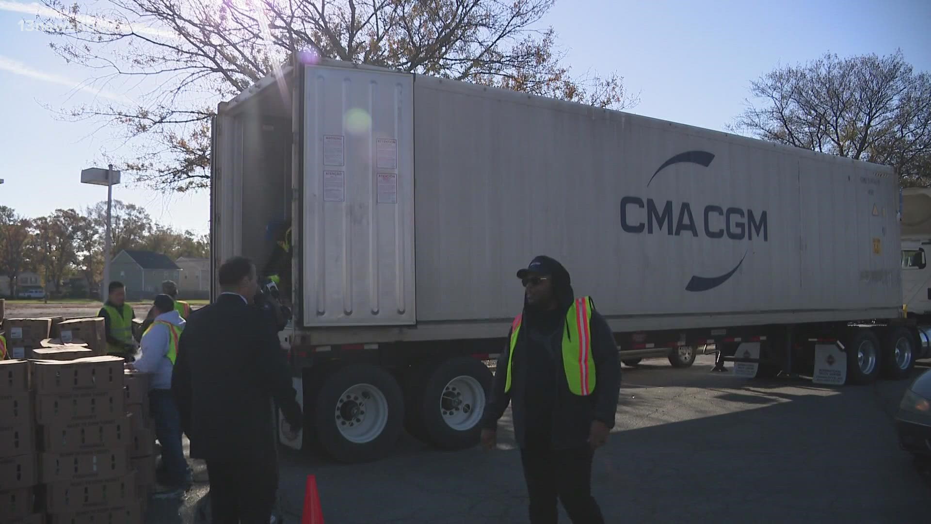 The Thanksgiving donation drive was coordinated by the Salvation Army of Hampton Roads and shipping company CMA CGM.