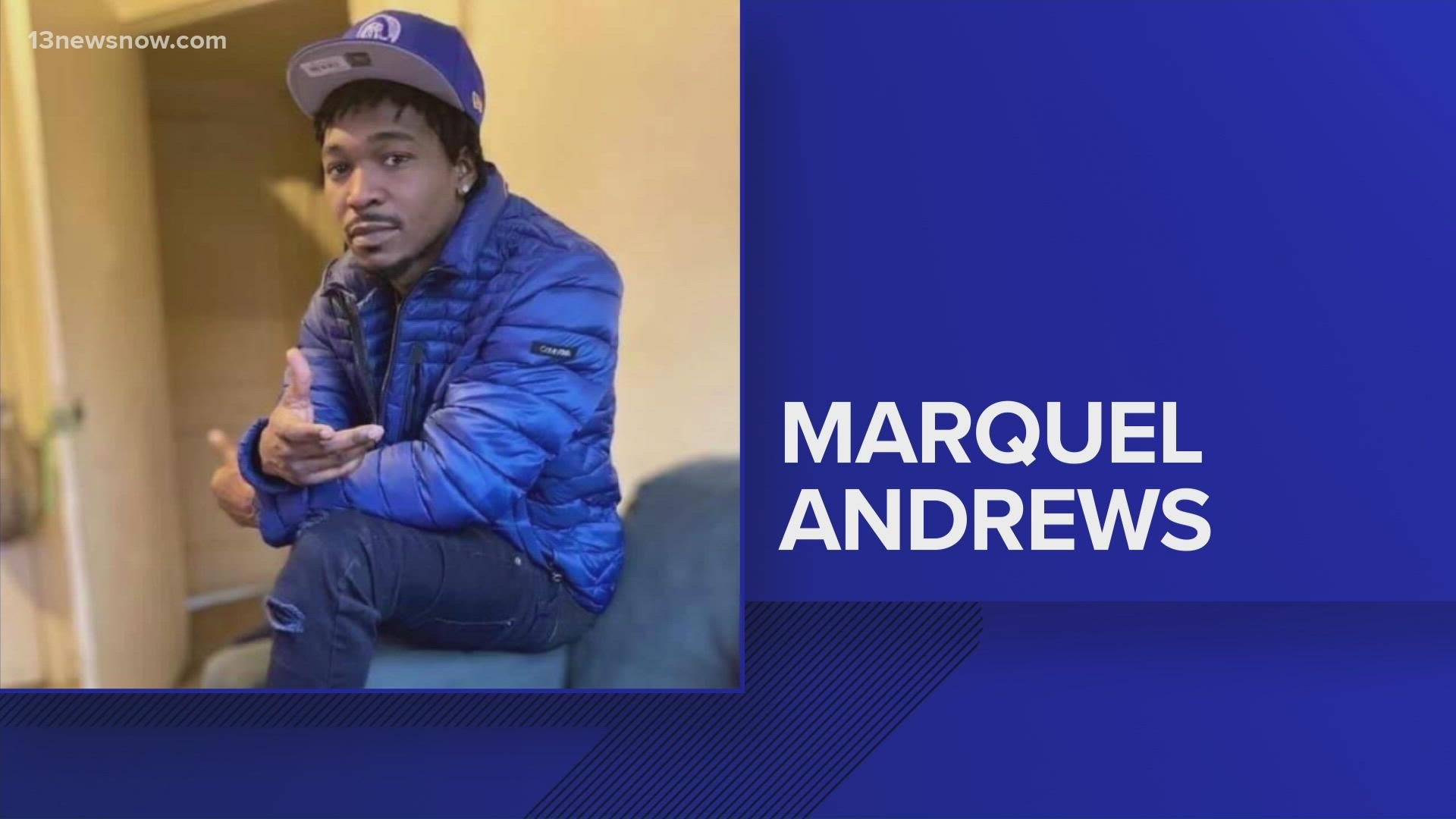 Police said Marquel Andrews, 24, was one of the people hit by gunfire outside of Chicho’s Pizza in Downtown Norfolk after a fight over a spilled drink took place.
