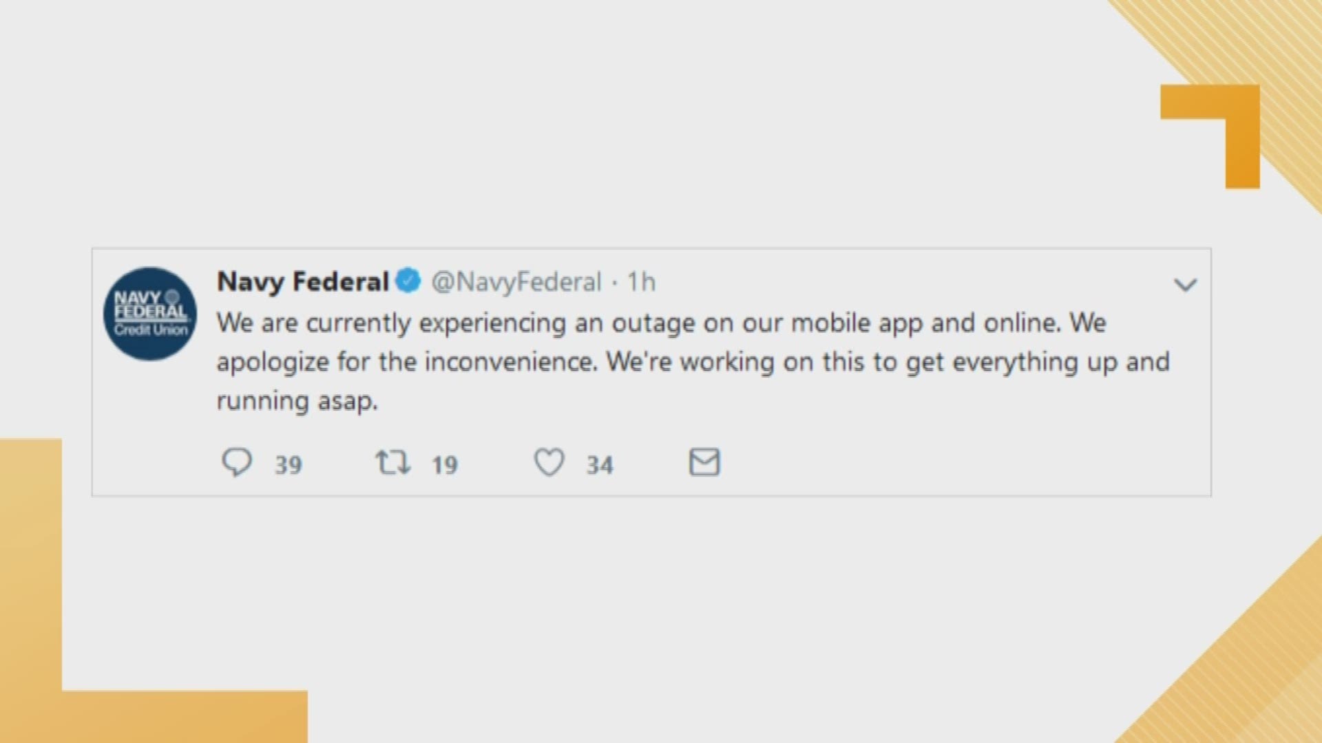 Navy Federal Credit Union experienced outages on its mobile app and online.