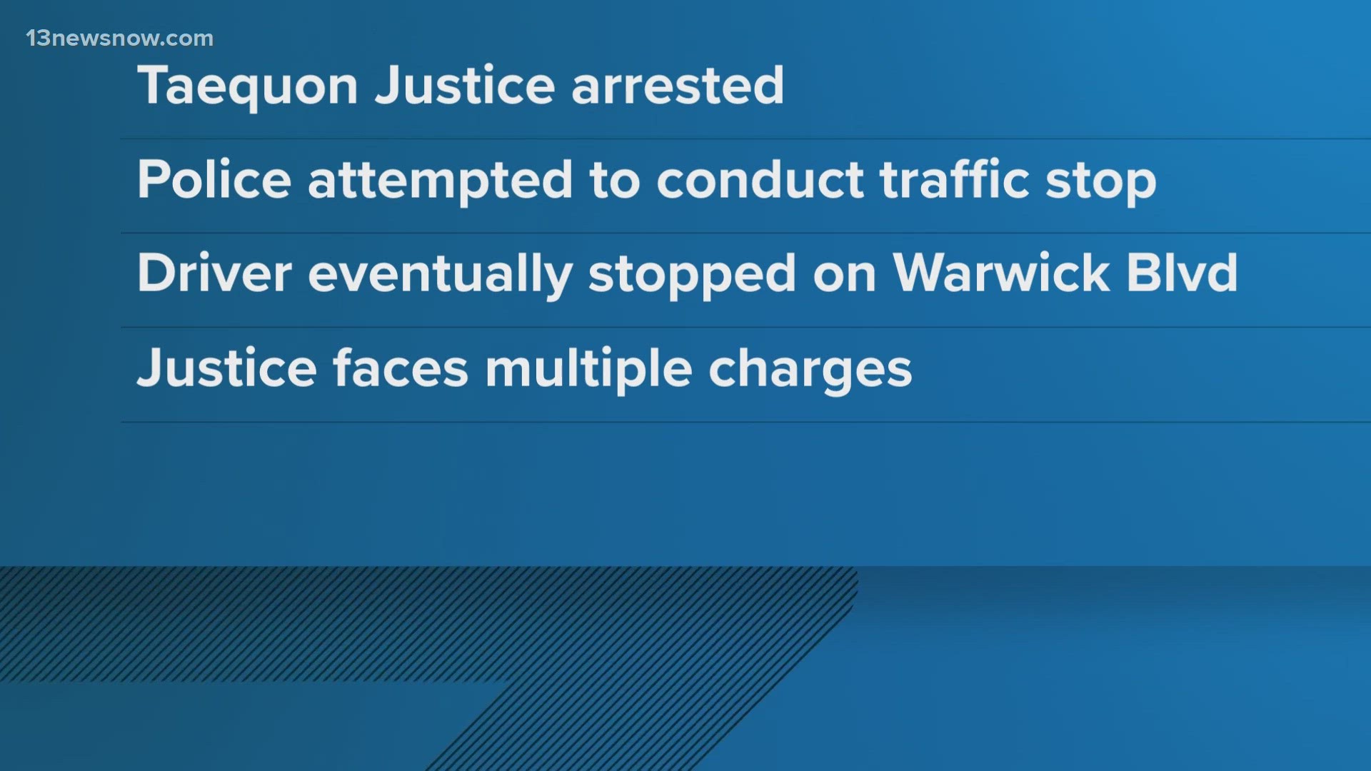 Police say they tried to pull Taequon Justice over at Campbell Drive and Warwick Boulevard, but he refused to stop and almost hit an officer.