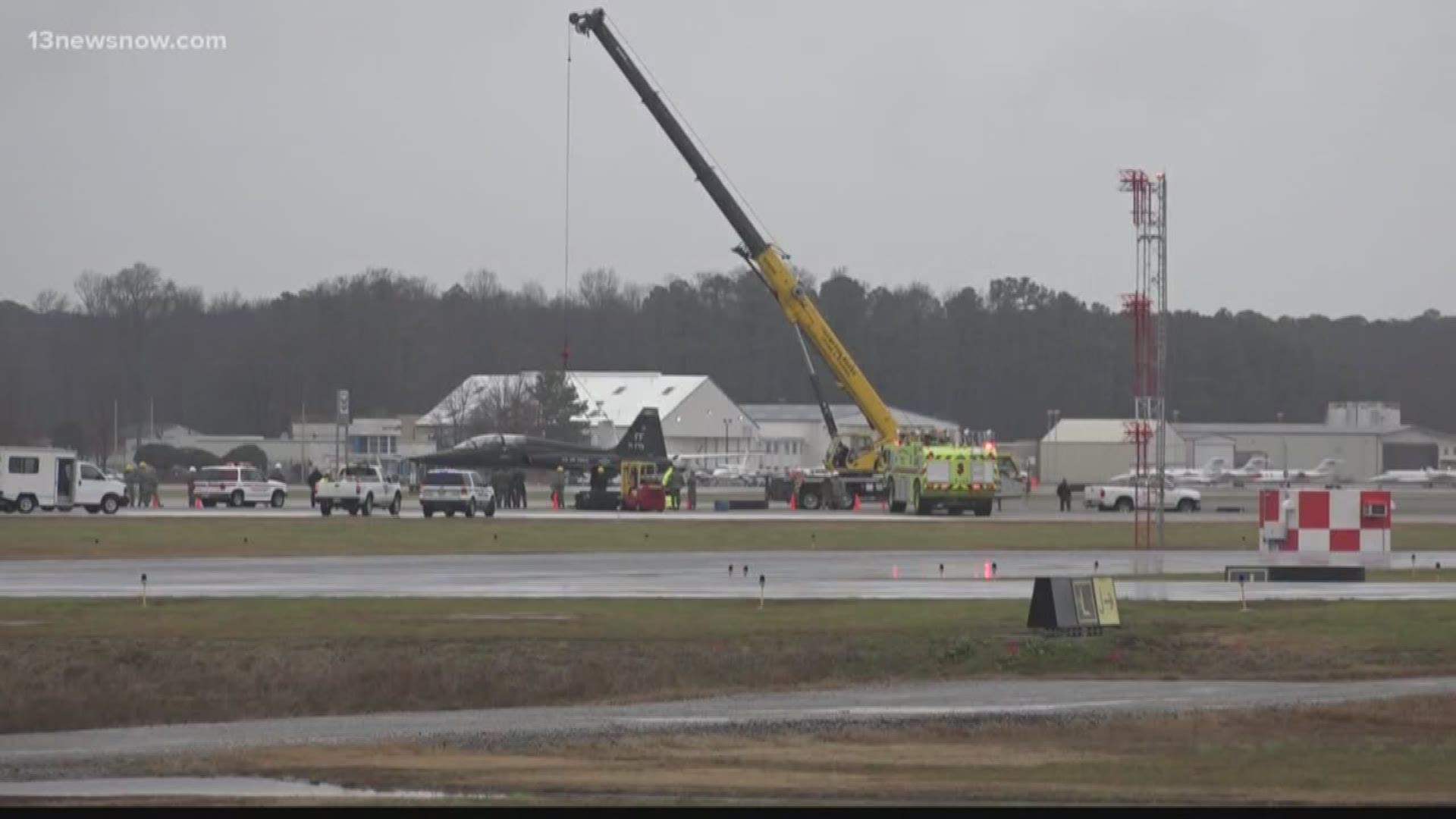 A Langley Airforce Base plane slid off the runway at Newport News Williamsburg International Airport causing delays and cancellations.