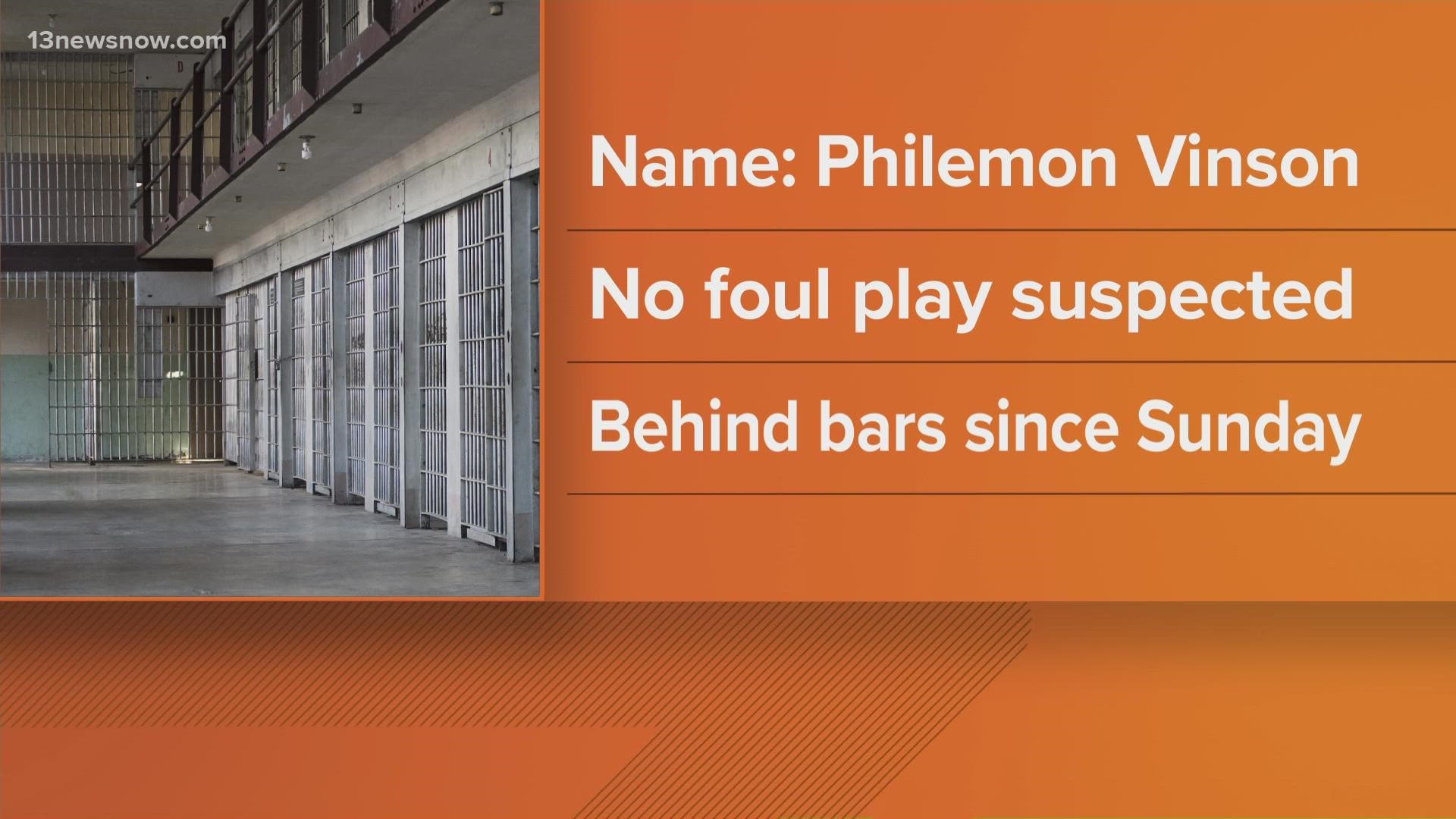 Police say Philemon Vinson, 24, had been in jail since Sunday on a "failure to appeal" charge.