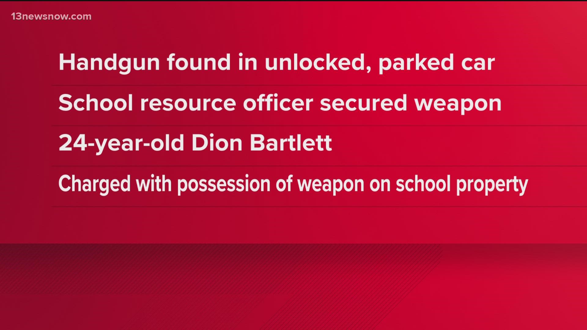 Dion Bartlett Jr., 24, was charged with possession of a weapon on school property.