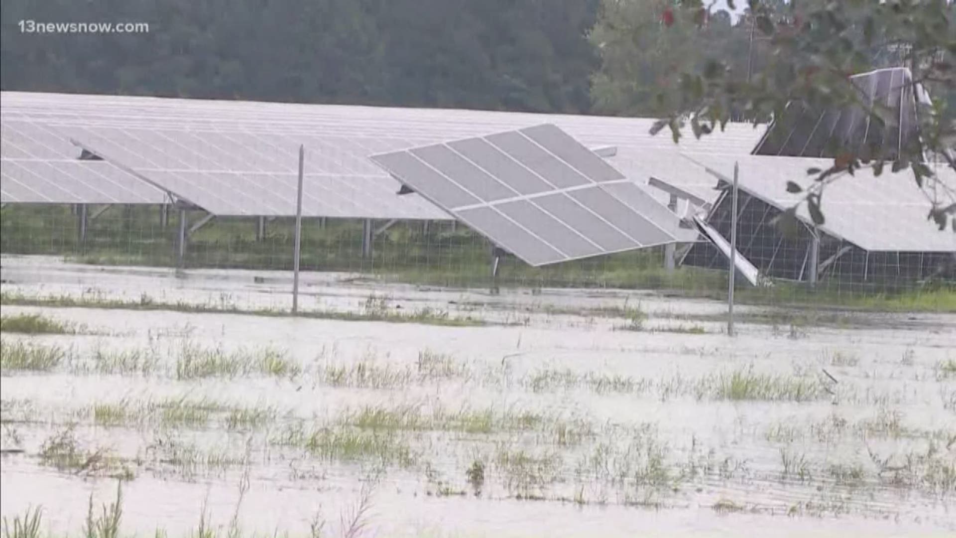 A just-completed solar panel farm in the Grandy area of Currituck County was damaged by the floodwater and wind of Hurricane Dorian.