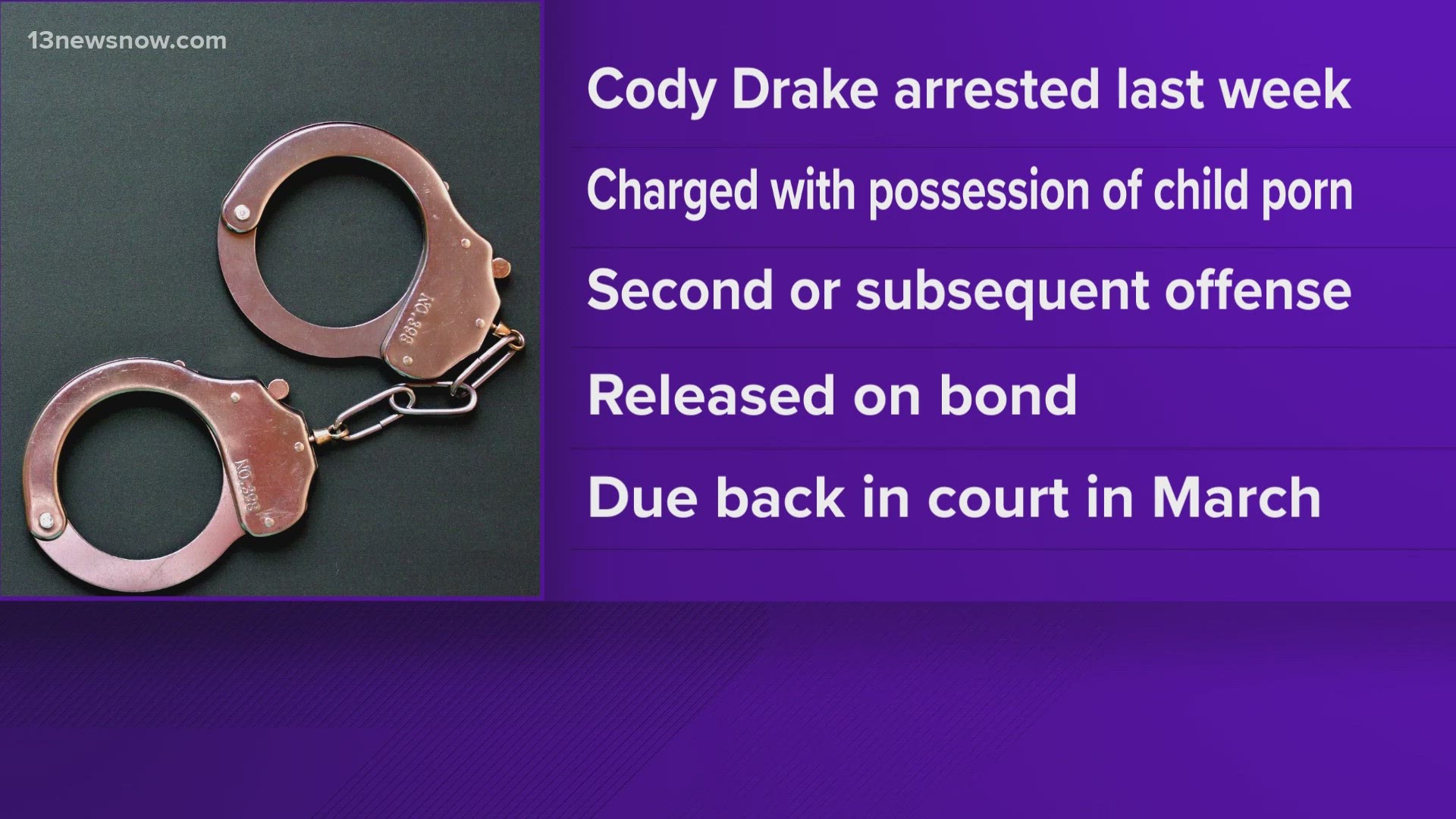 Cody Drake, 30, was charged with three counts of possession of child pornography.