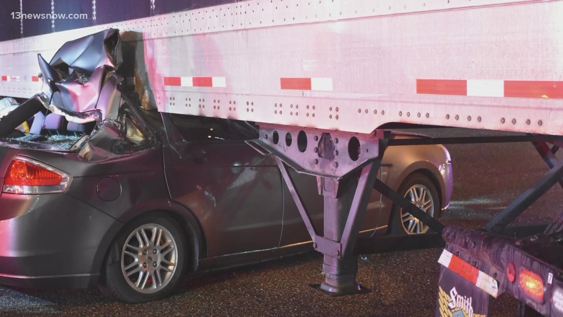 One person was hurt in Hampton Monday night when a car and 18-wheeler were involved in an accident.
