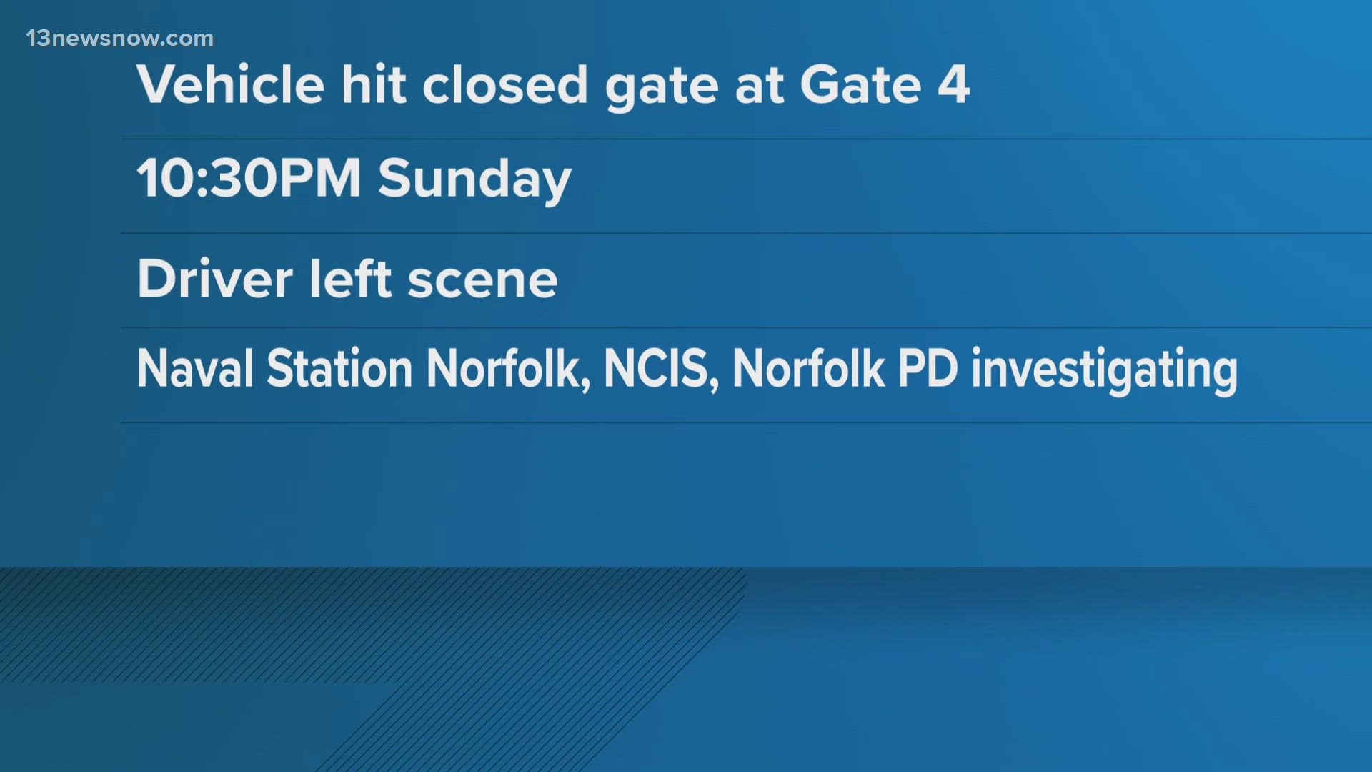 Officials said a vehicle hit the closed gate at Gate Four, around 10:30 p.m. Sunday.
