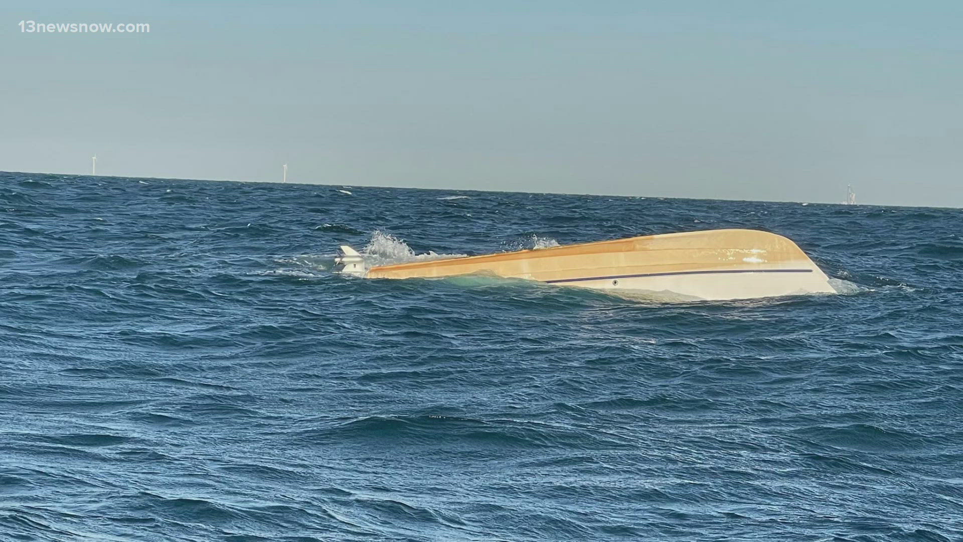 No one was injured after a boat capsized about 15 miles off of Cape Henry, but two people were in a life raft when first responders arrived.