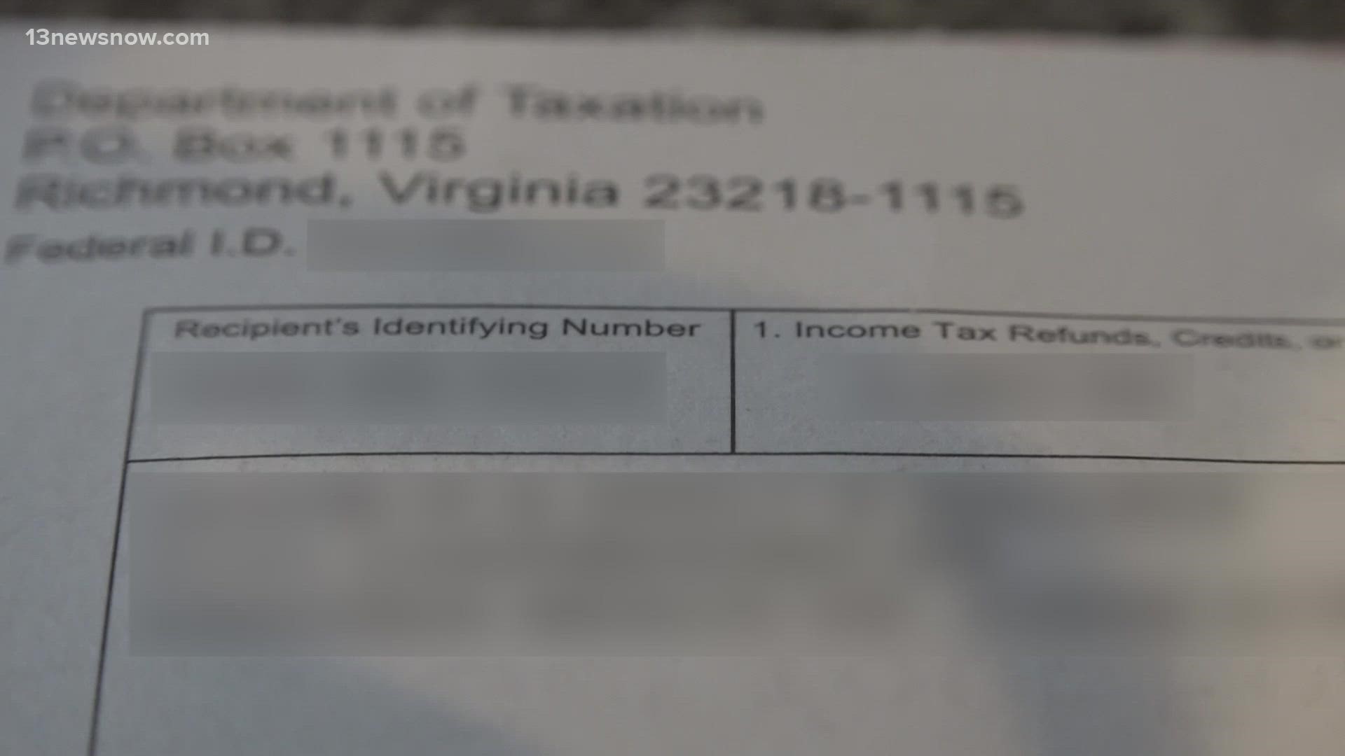The Virginia Department of Taxation says up to 15,000 taxpayers, mostly in the Virginia Beach area, received tax documents with someone else's information.