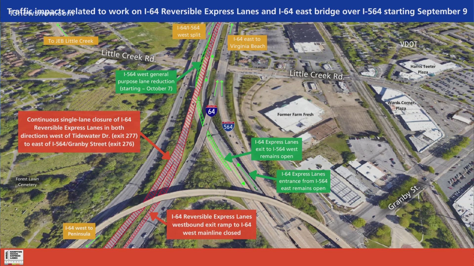 A continuous single-lane closure will be in place for both directions of the Reversible Express Lanes just west of Tidewater Drive and east of I-564/Granby Street.