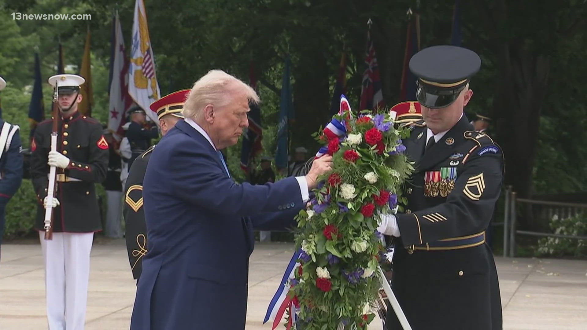 President Trump gave a speech at Arlington National Cemetery today honoring servicemembers we have lost, while also wading into politics.
