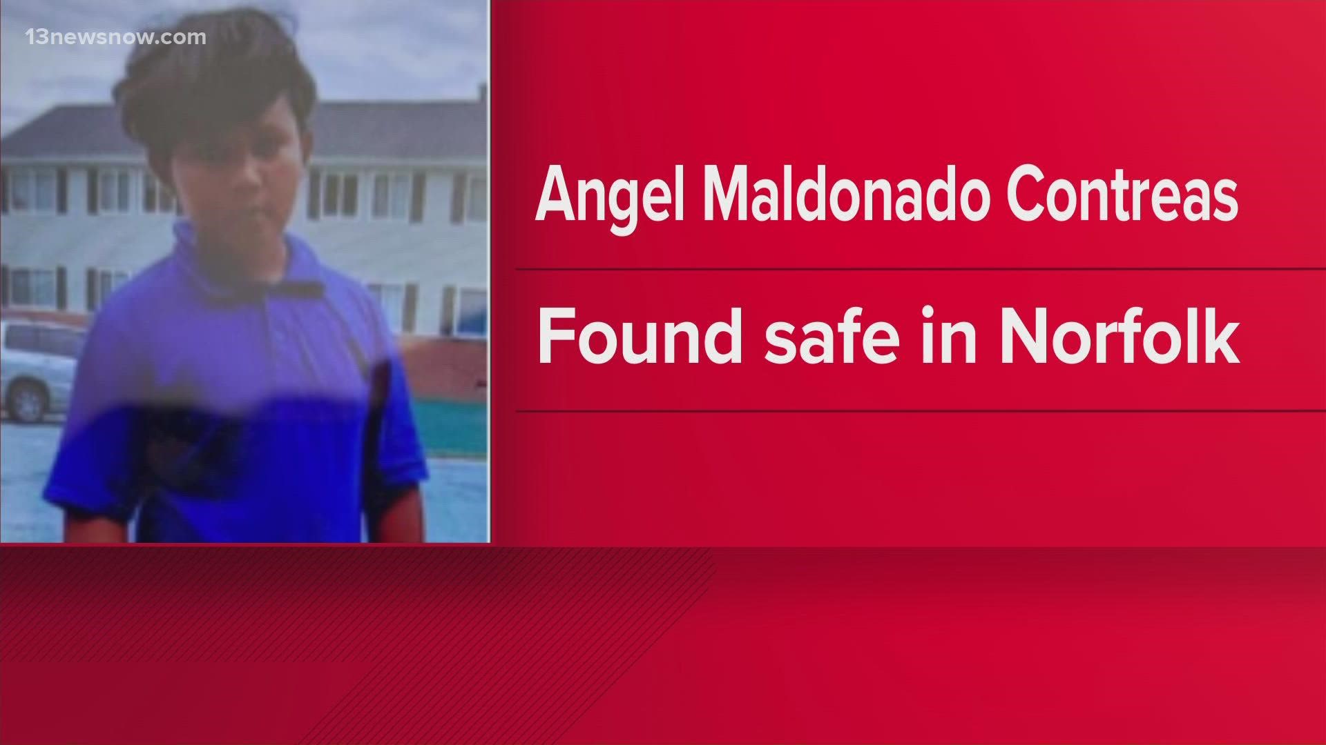 Virginia Beach police said 11-year-old Angel Maldonado Contreas was found safe in Norfolk Friday night.