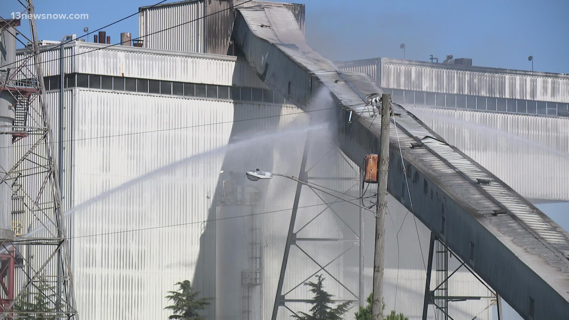 It took crews about two hours Friday to control the fire on a conveyer belt moving trash. The incident happened just before noon at Wheelabrator Portsmouth.