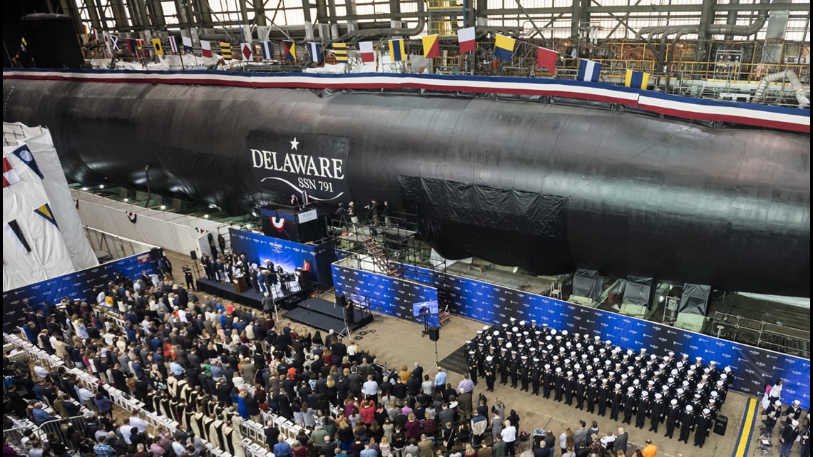 Jill Biden christens submarine USS Delaware at Newport 