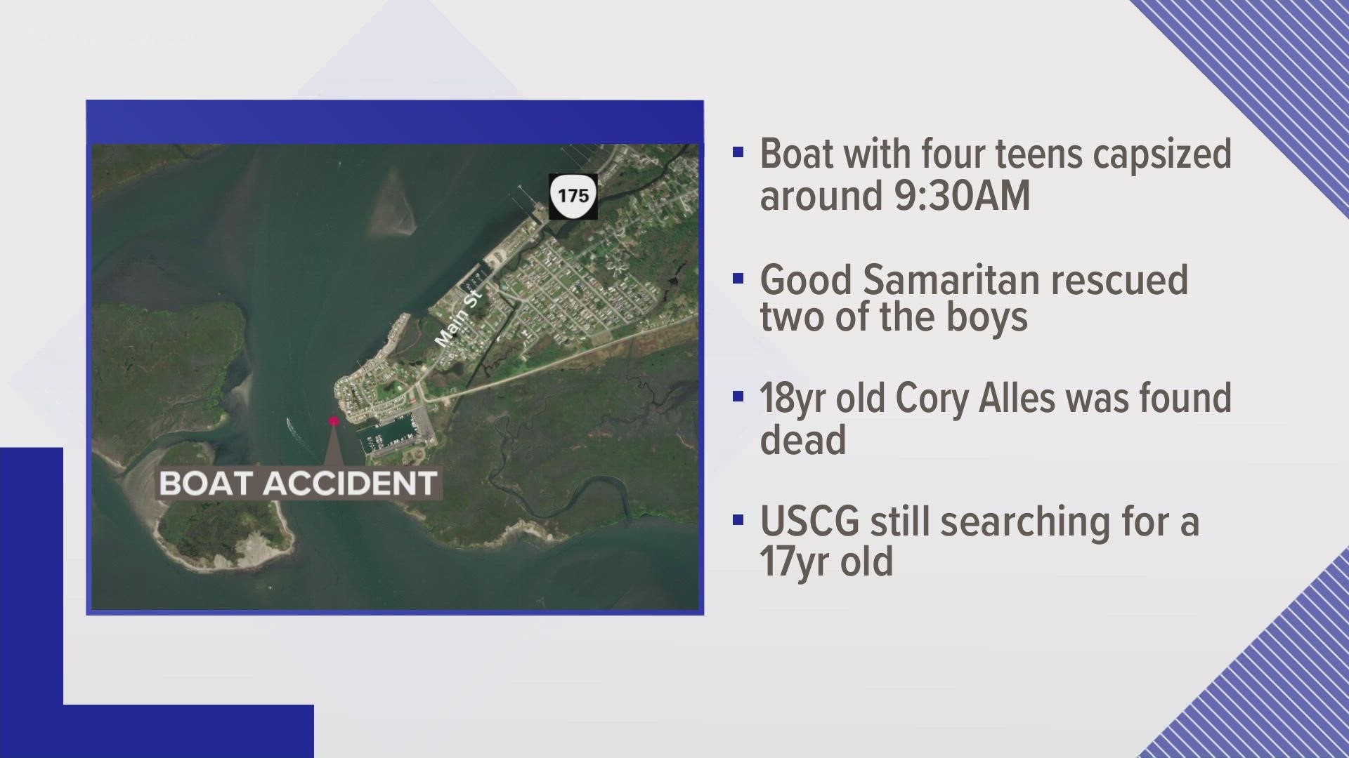 Witnesses told Virginia Marine Police that the 16 foot long boat was struck by a wave which caused it to capsize, throwing all four occupants into the water.