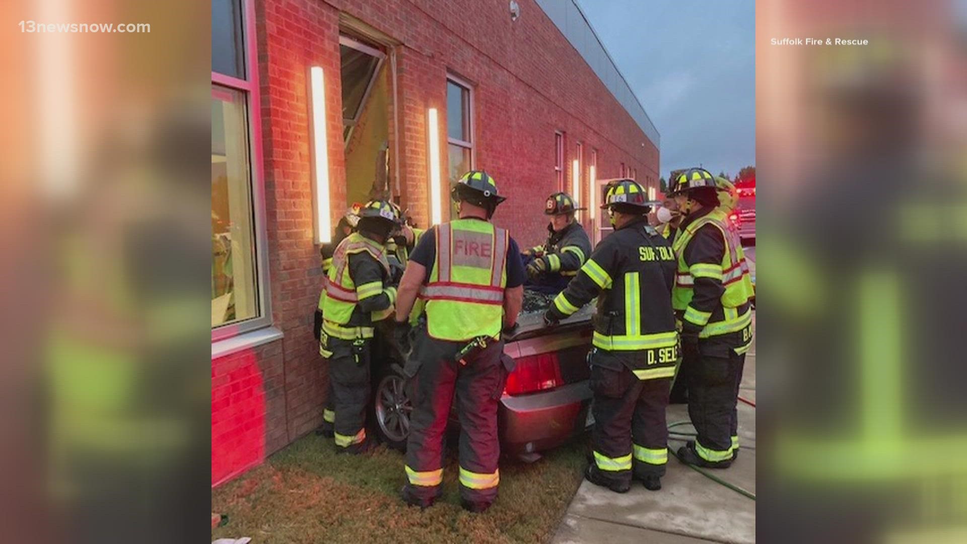 Suffolk Fire & Rescue said a person is in critical condition after crashing a vehicle into a medical building located in the 2700 block of Godwin Blvd.