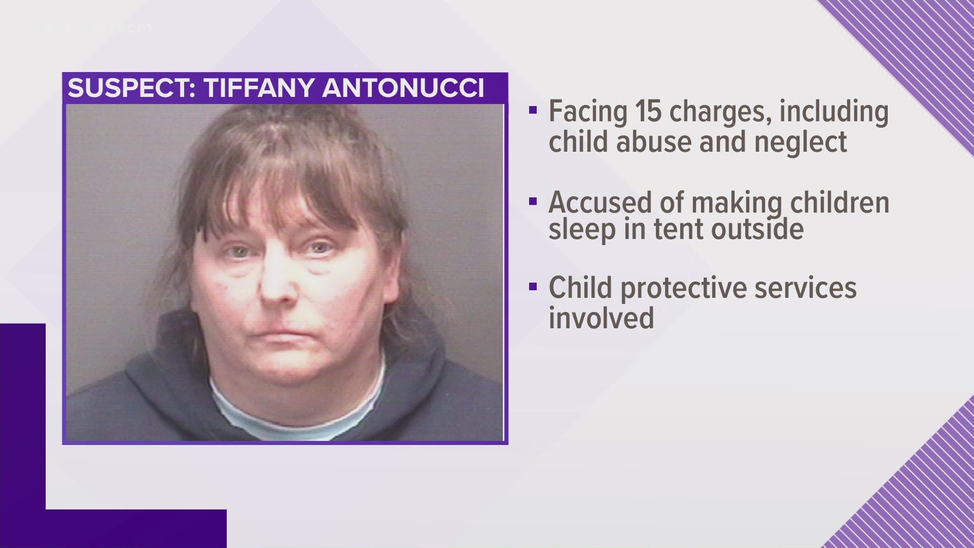 Tiffany Antonucci was arrested after police say she forced two boys to sleep outdoors in a tent regardless of the weather as a punishment.