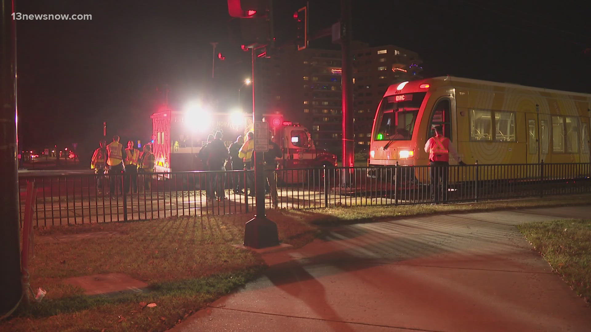 A pedestrian riding a Lime scooter was struck by the Tide light rail in downtown Norfolk on Saturday evening.