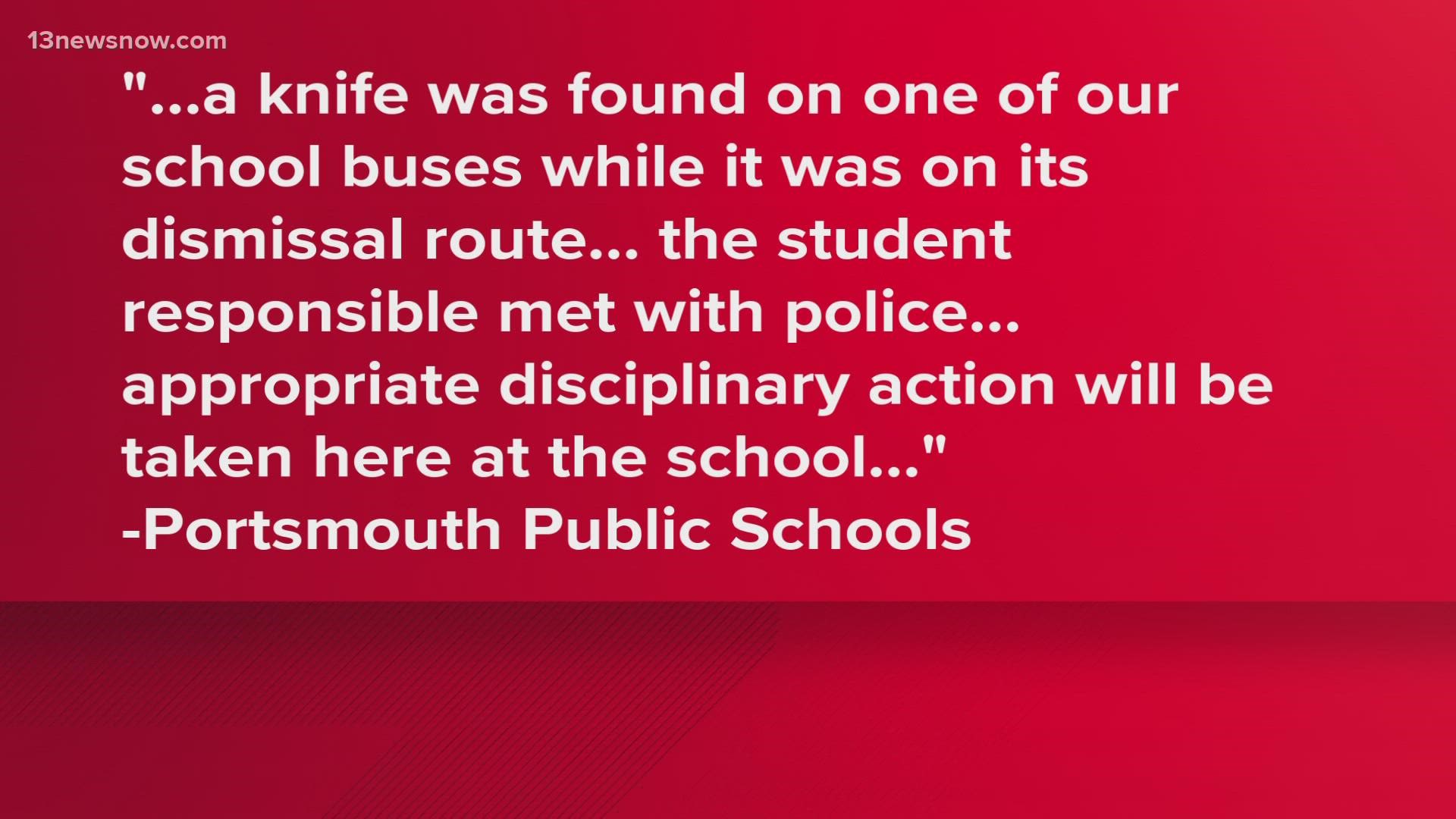 A school official confirmed that the knife was found on Bus 271 while taking students home from Manor High School.