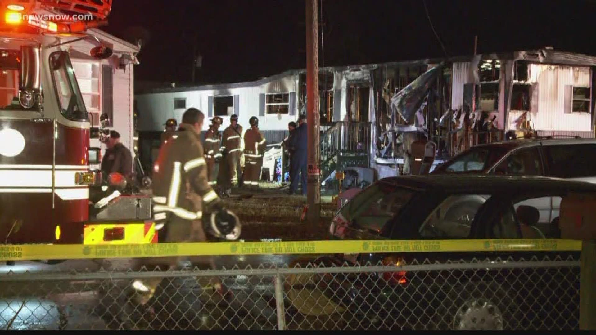 A family of five was hospitalized after being rescued from their burning mobile home. Two children, ages 2 and 5, were pulled from the fire by a firefighter while the parents carried out their 7-year-old daughter.