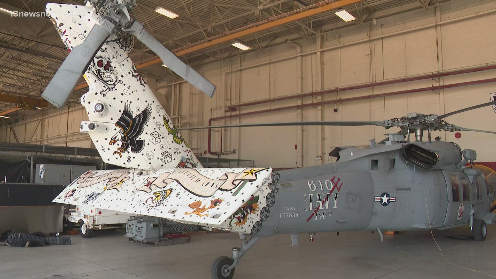 On Wednesday at Naval Station Norfolk, the "Tridents" Helicopter Sea Combat Squadron 9 “tattooed” their ceremonial aircraft in celebration of National Tattoo Day.