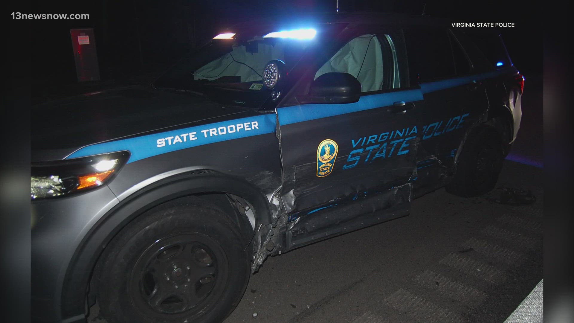 A VSP Trooper was hospitalized after a driver sideswiped his patrol vehicle on Interstate 64 near Williamsburg around 3:15 a.m.