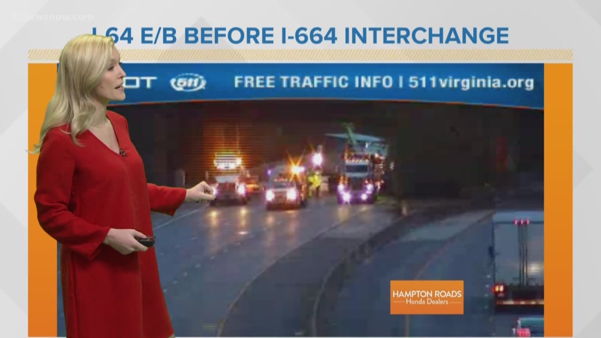 All east lanes are closed until the diesel fuel spill is cleaned up. The crash happened near the I-664 Interchange in Hampton.