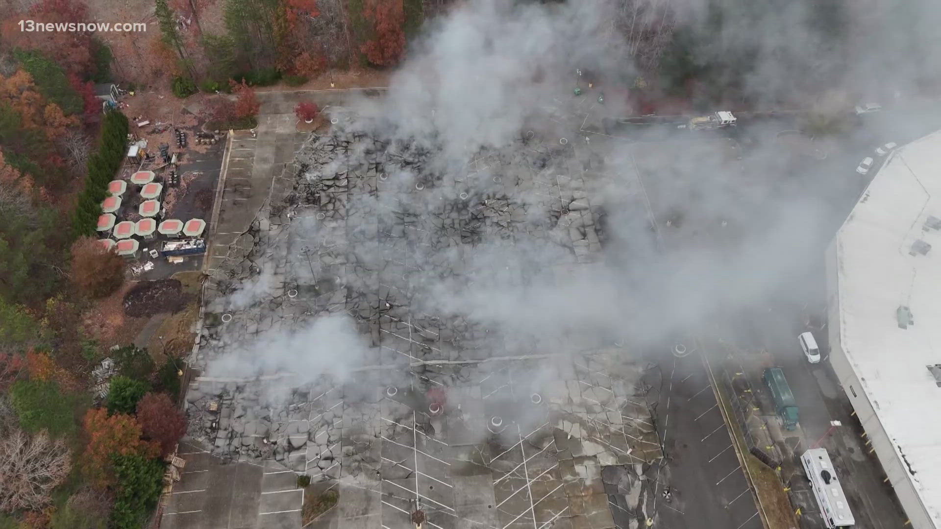 James City County officials said the underground fire at the Williamsburg Premium Outlets was still actively burning and smoky conditions were still present.