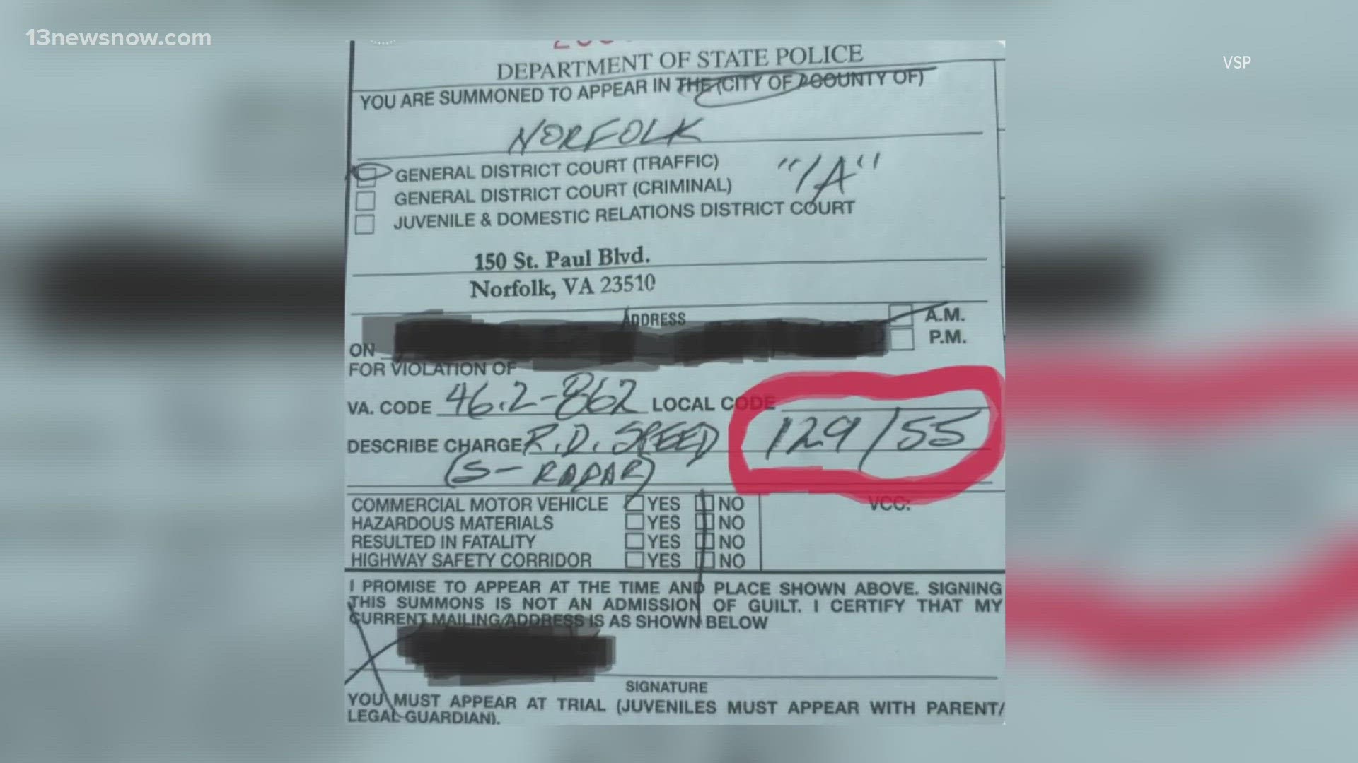 A trooper issued a ticket to a speeder in Norfolk on Saturday that claims the driver was going 129 miles per hour in a 55 mph zone.