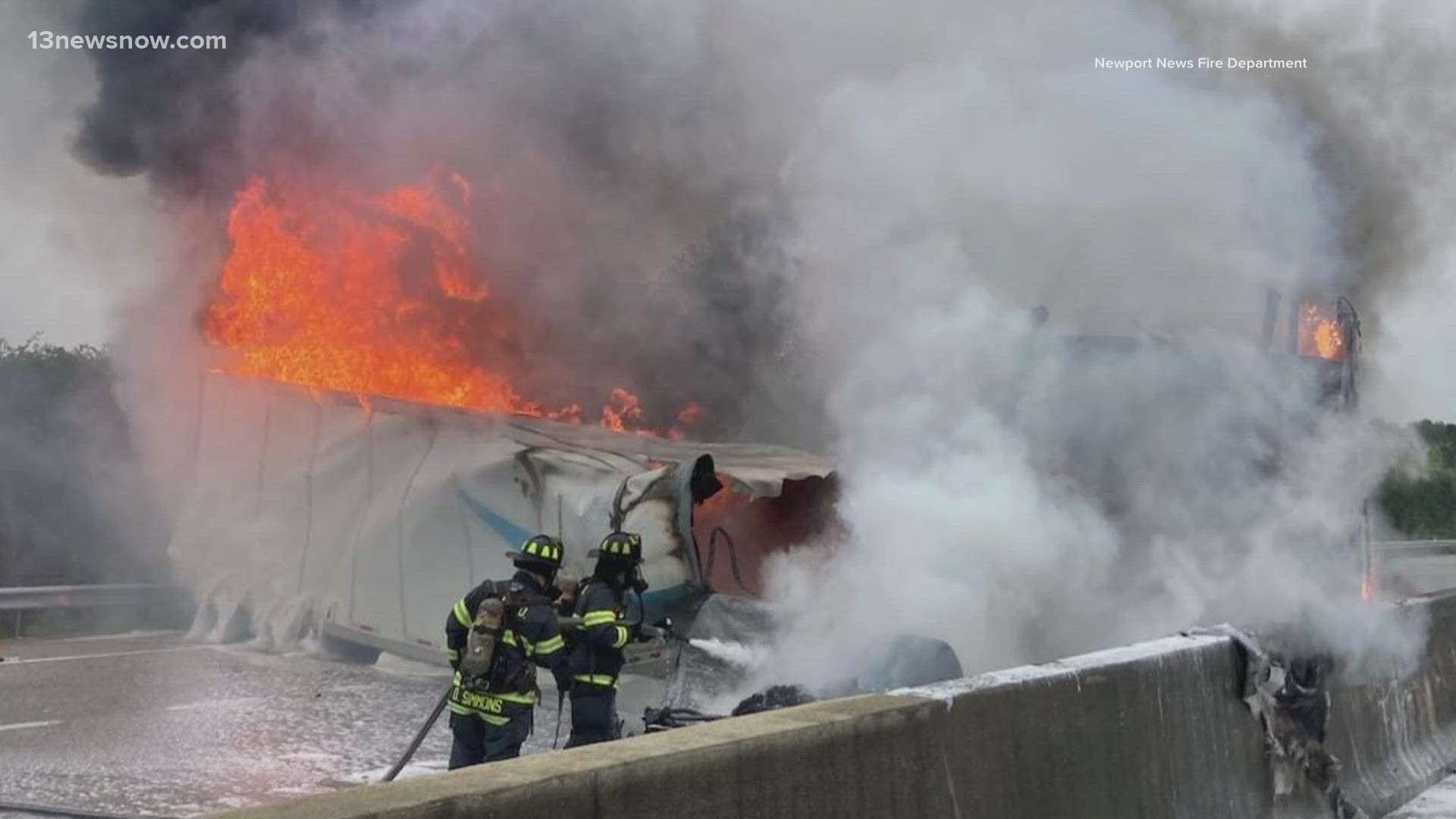 Officials say the truck went into the water on the west-side of the northbound span, between Virginia Beach and the southernmost island.