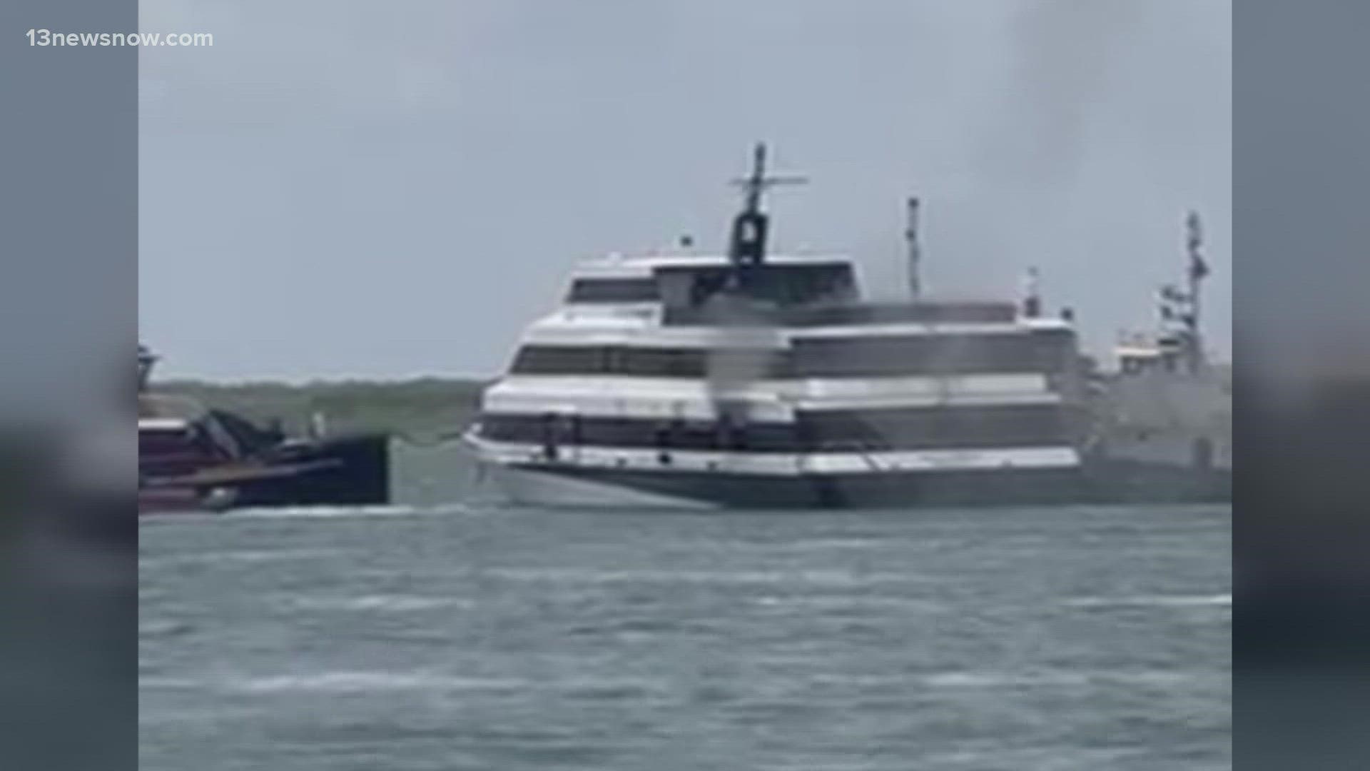 The iconic cruise yacht has docked at Naval Station Norfolk and been evacuated while firefighting efforts remain ongoing. No injuries were reported.